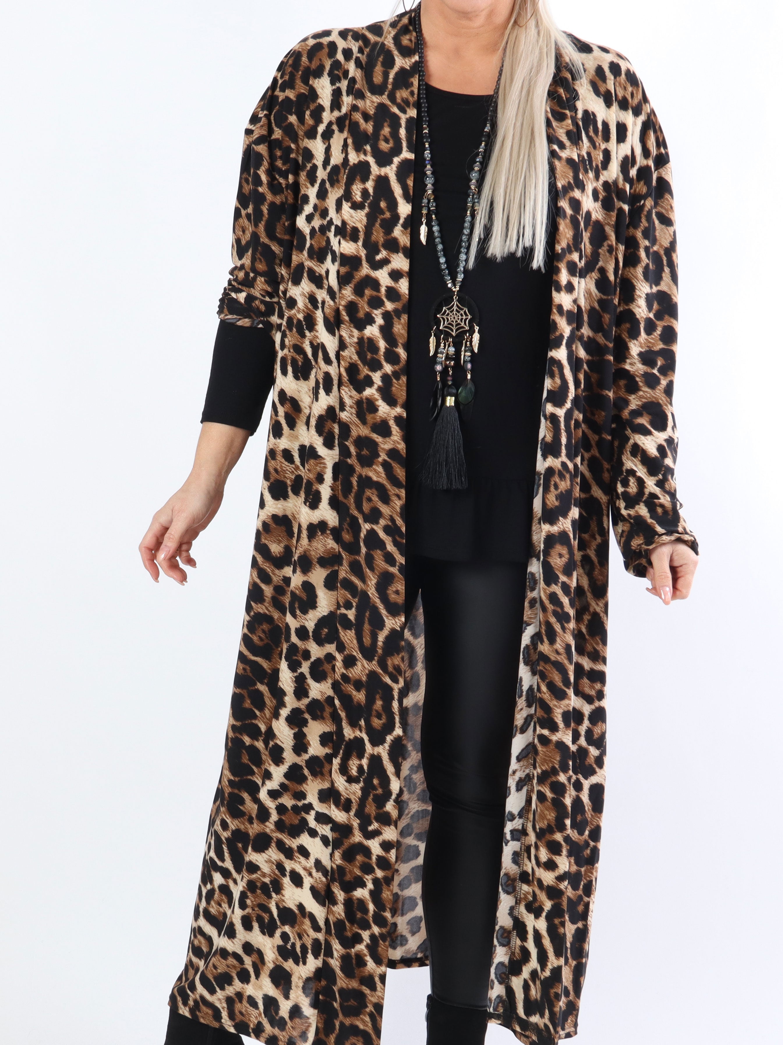 Alline long - Lang elastisk leopard cardigan i plus size