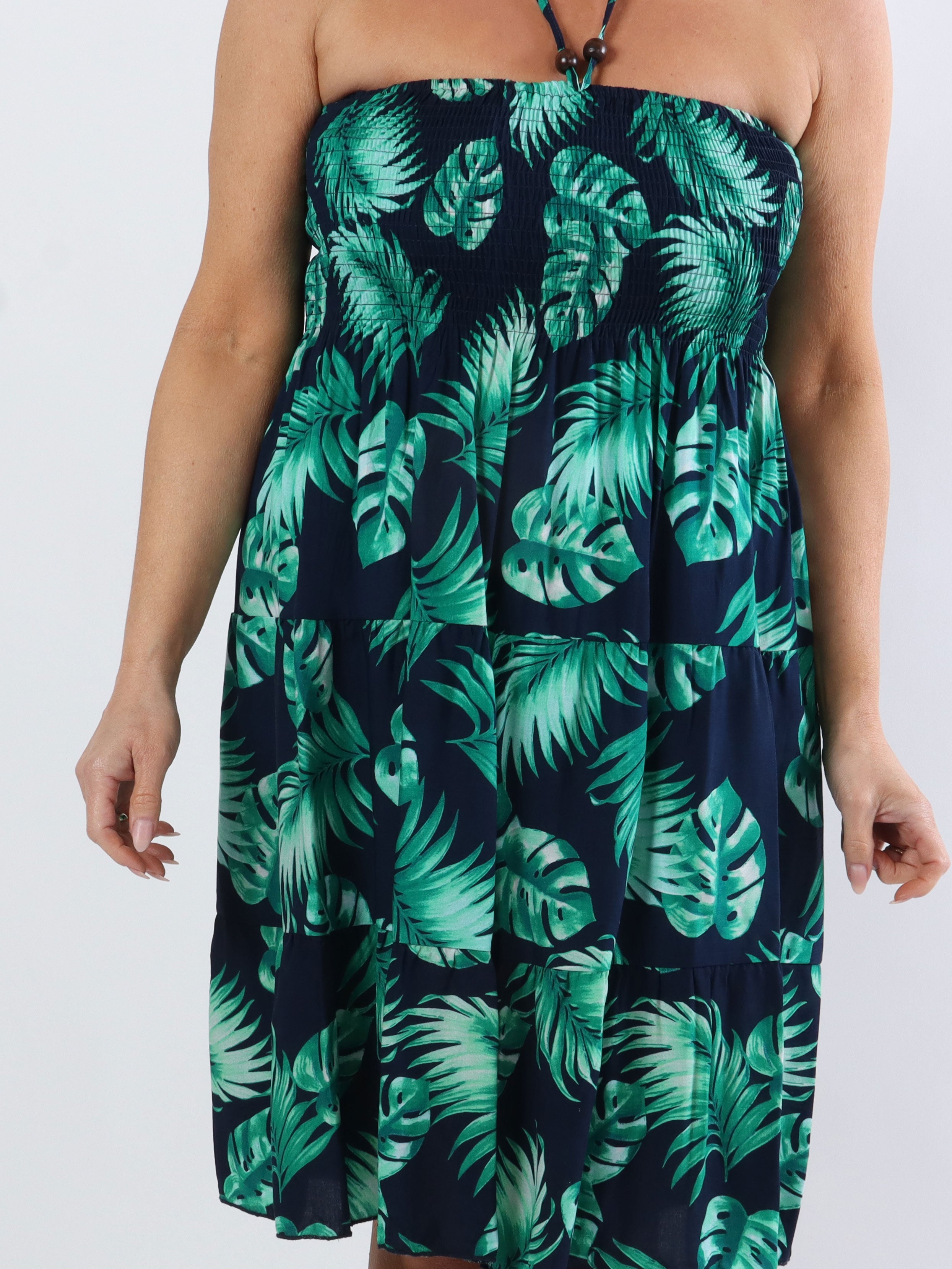 Aria Leaf - Kort plus size kjole med smock og leaf print