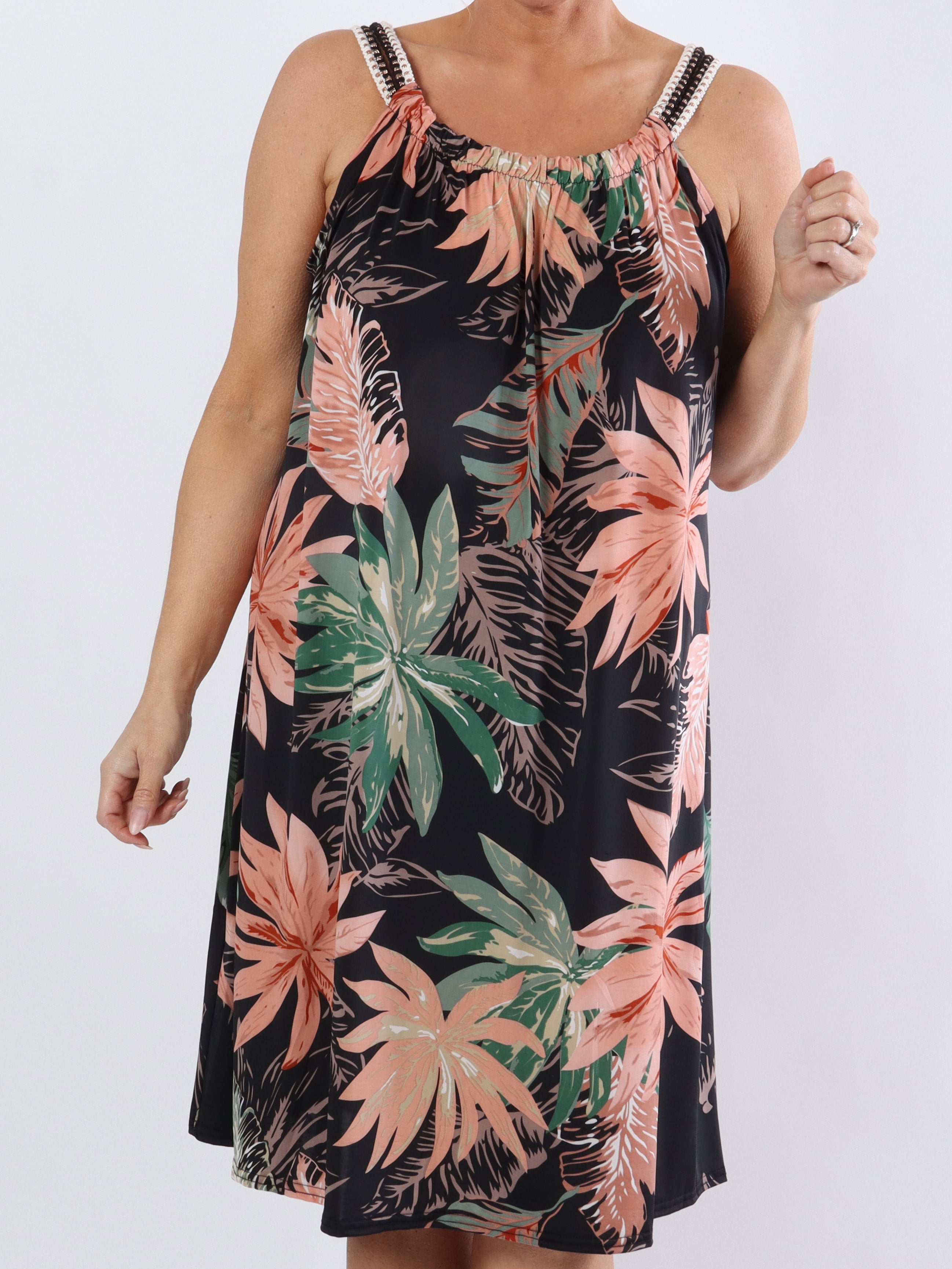 Asta Leaf - Elastisk plus size stropkjole med blomsterprint