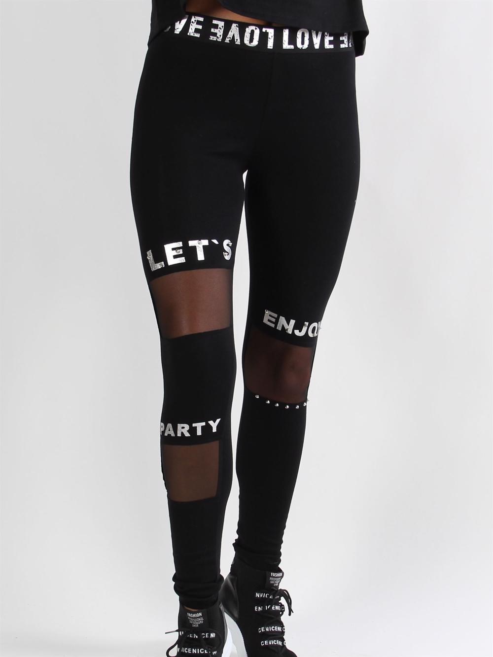 Mona bottom - Sorte leggings med sølv skrift og nitter