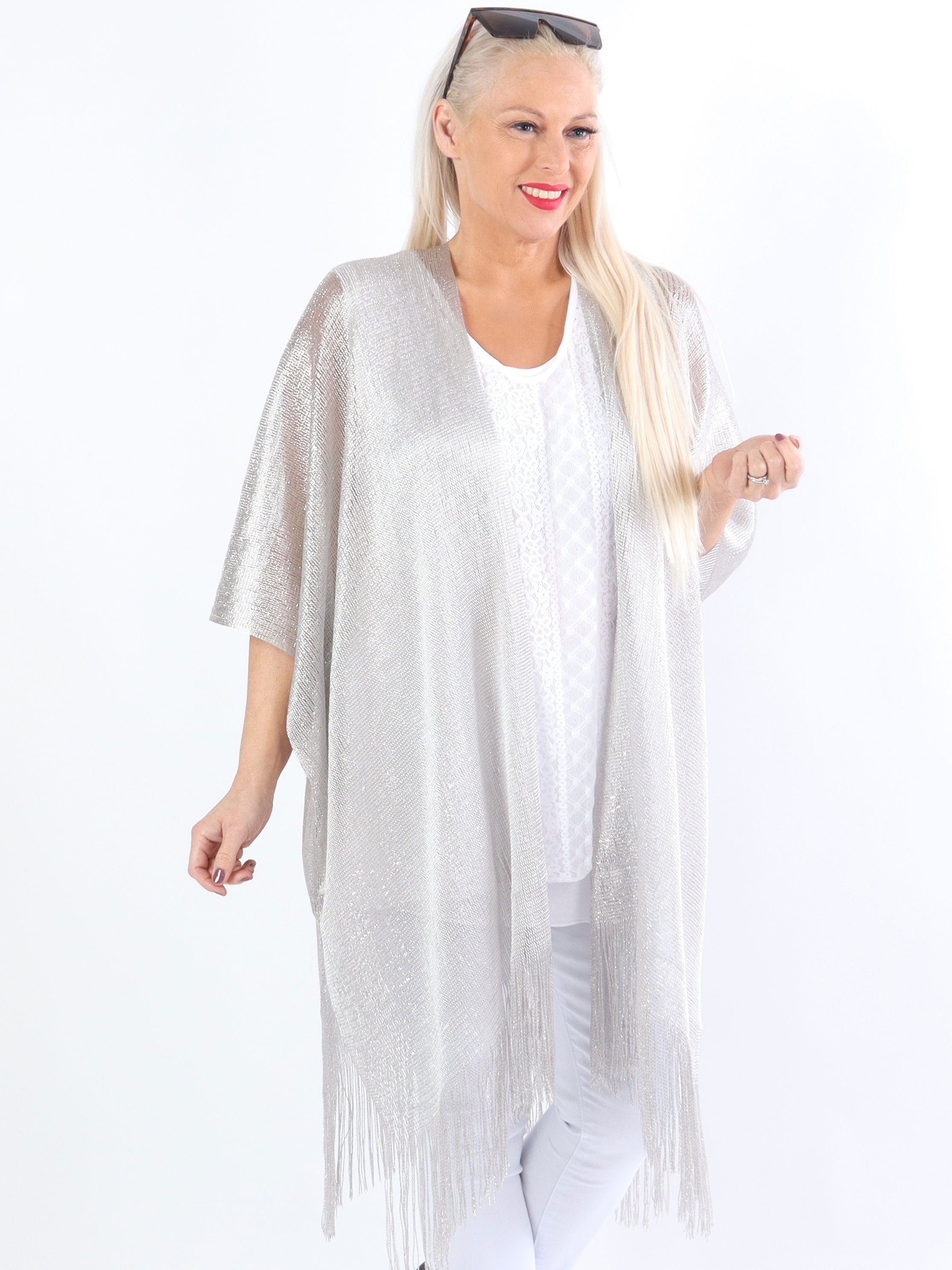 Betti - Plus size sjal med glimmertråde og frynser