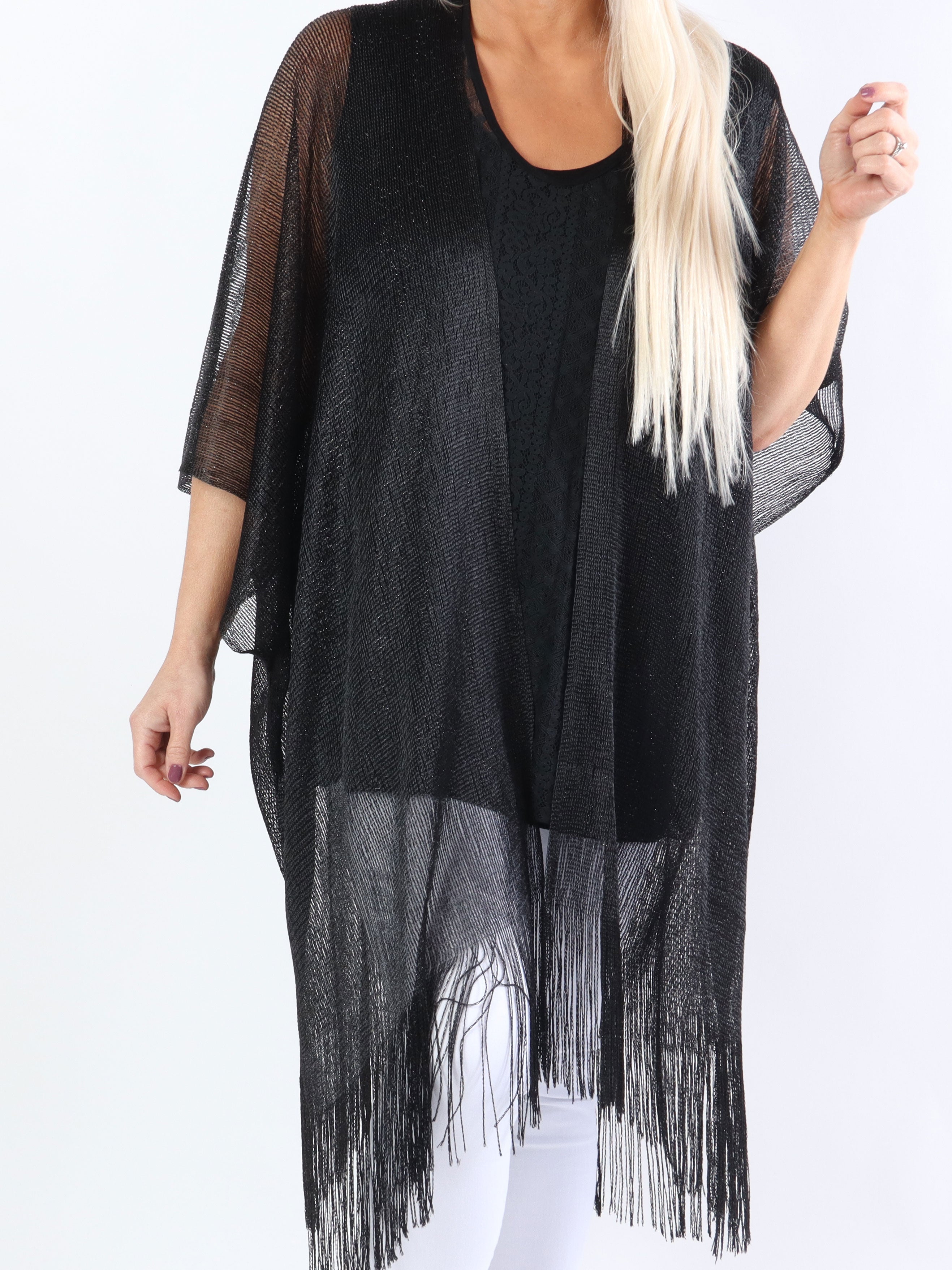 Betti - Plus size sjal med glimmertråde og frynser