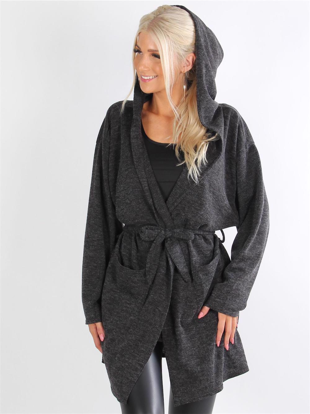 Blackie - Koksgrå strikcardigan med bindebånd og hætte