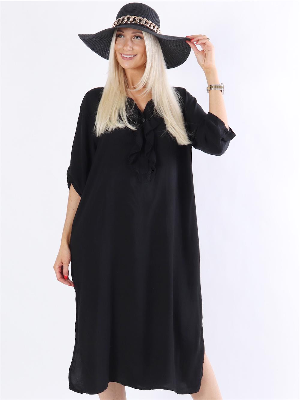 Bonita - Lang skjortekjole med flæser i udskæringen