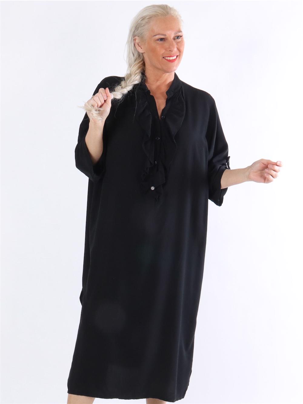 Bonita - Lang skjortekjole med flæser i udskæringen