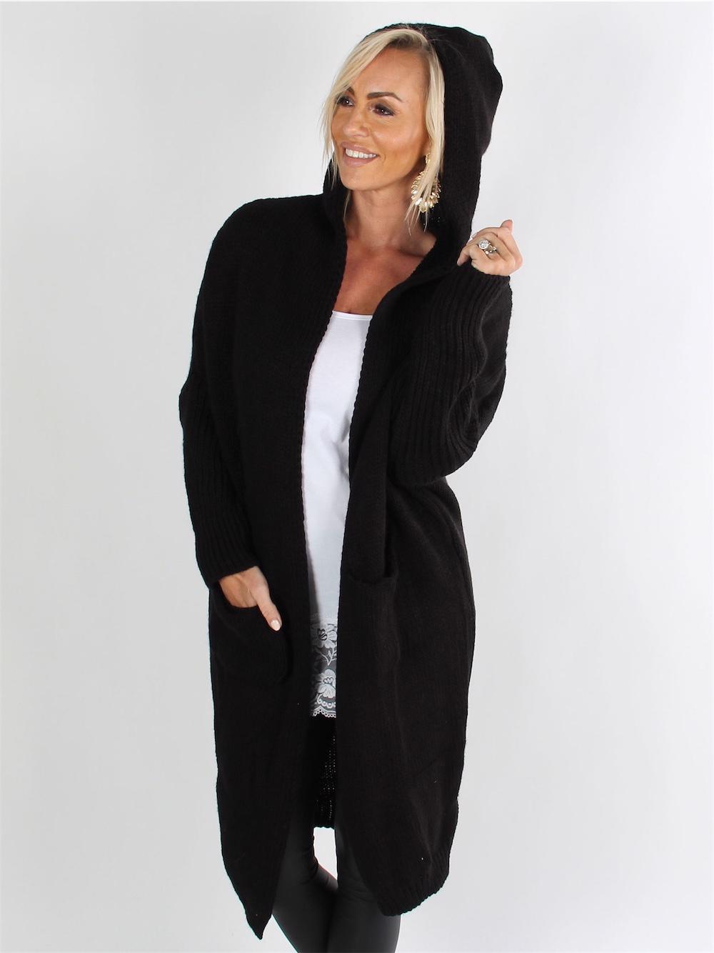 Britney - Beige strikcardigan med hætte og lommer