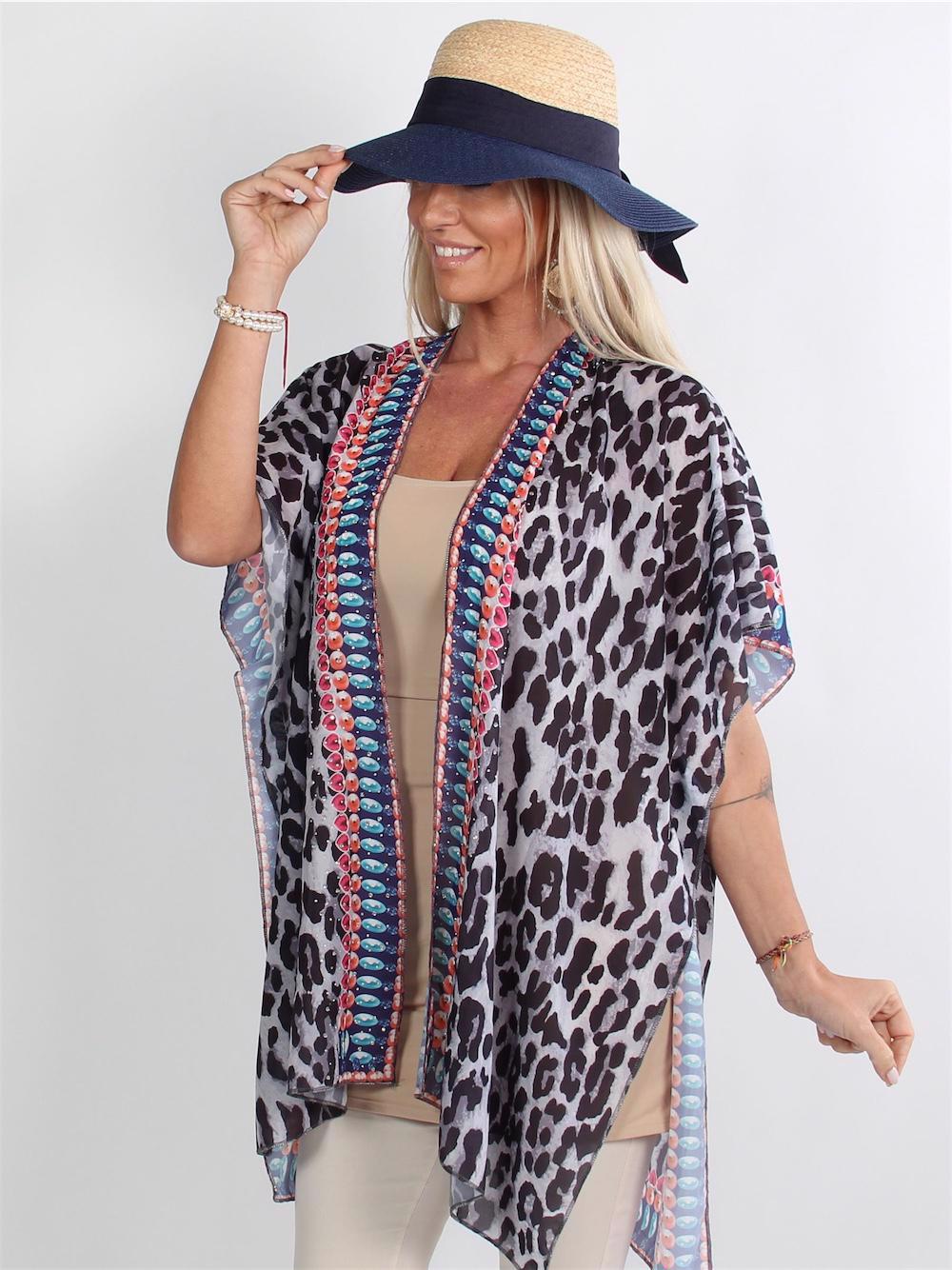 Christence - Grå chiffon kimono med leopard print