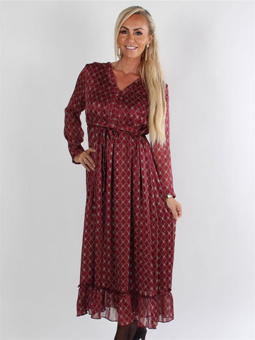 Cuenca - Lang armygrøn kjole med mønster og flæsekant