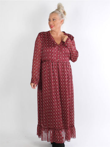 Cuenca - Lang armygrøn kjole med mønster og flæsekant