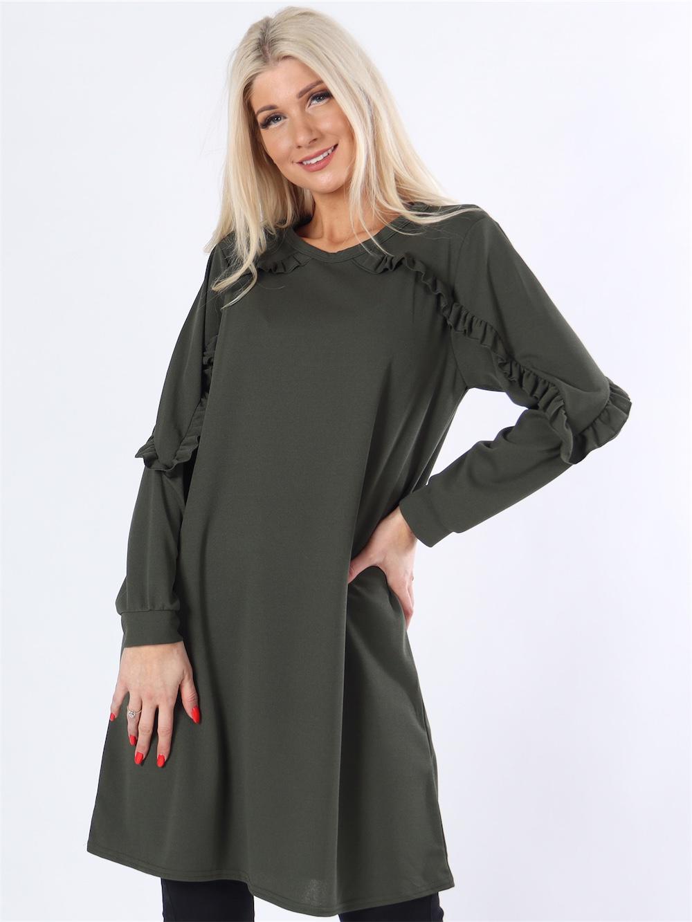 Disa - Armygrøn langærmet kjole med flæsekanter