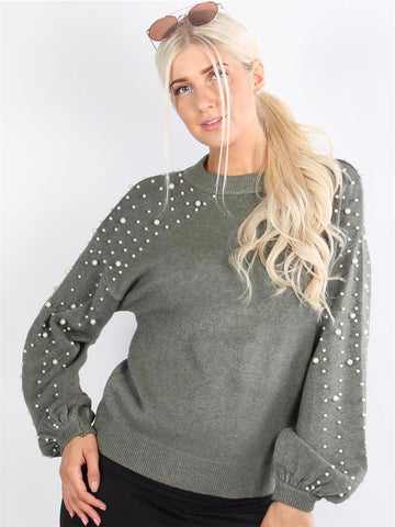 Diva - Armygrøn strikbluse med perler og oversize ærmer