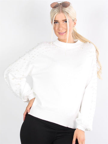 Diva - Armygrøn strikbluse med perler og oversize ærmer