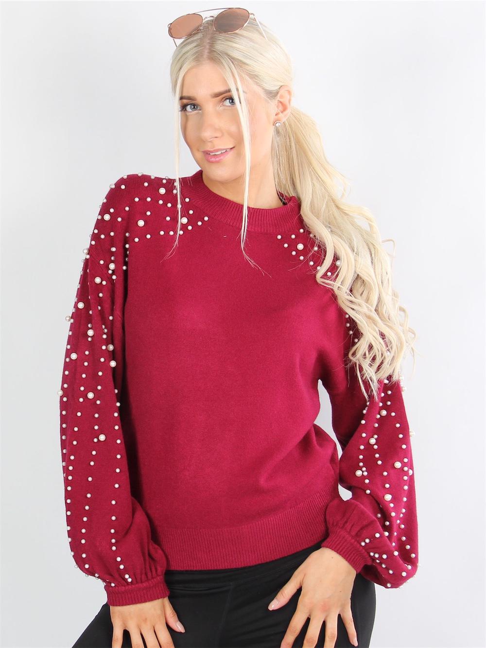 Diva - Armygrøn strikbluse med perler og oversize ærmer