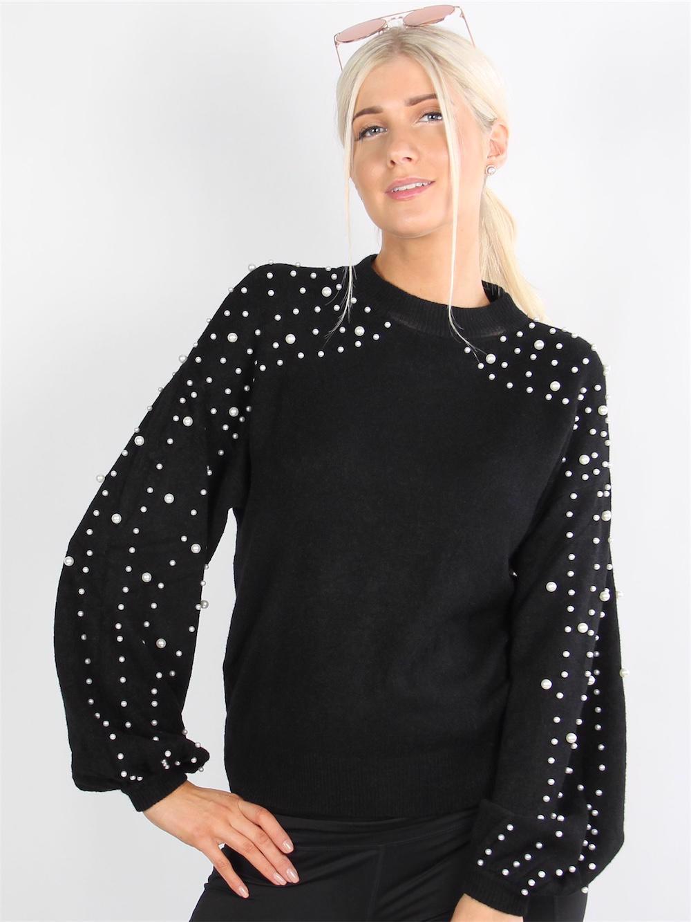 Diva - Armygrøn strikbluse med perler og oversize ærmer