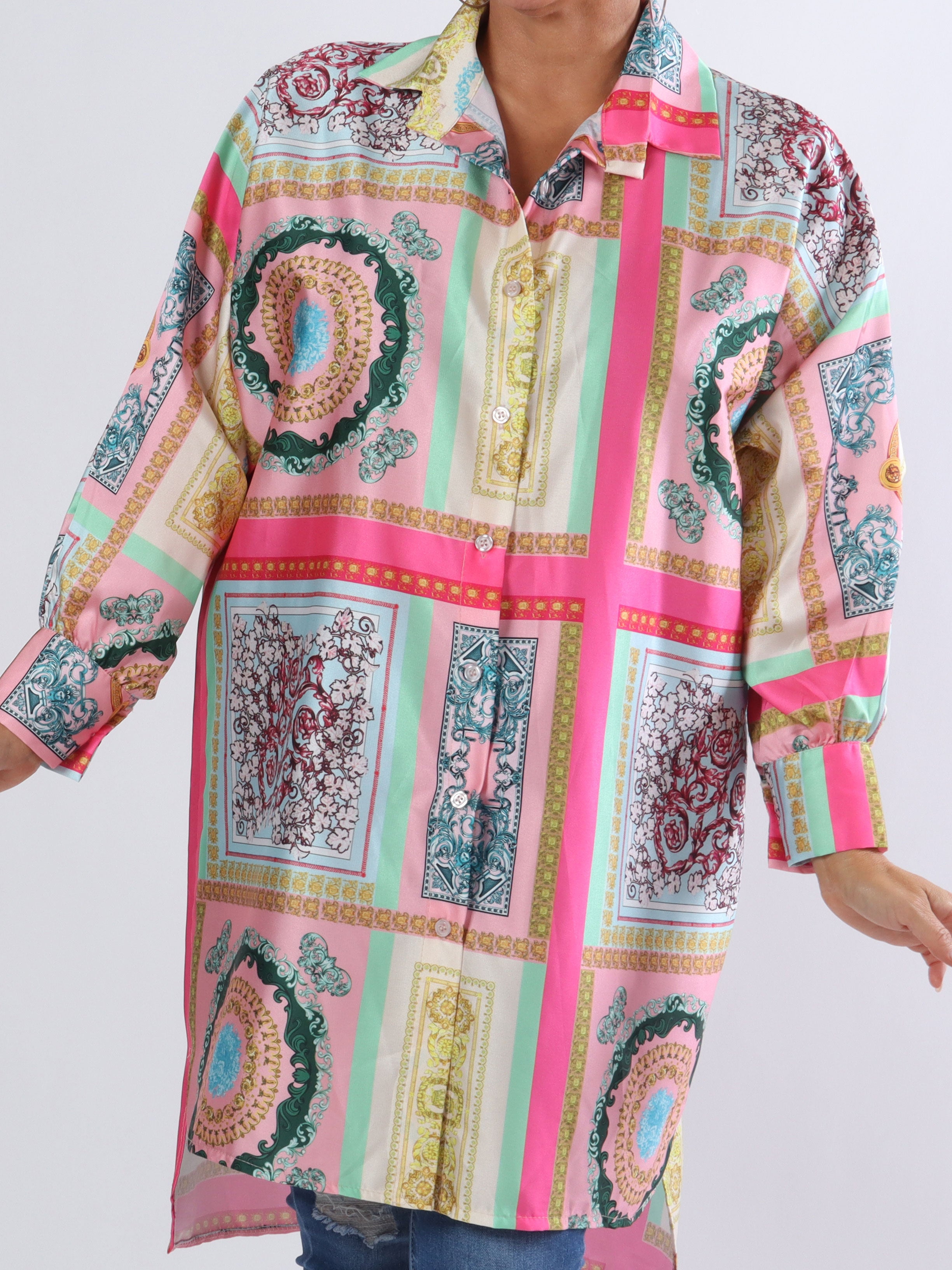 Donna - Farverig mønstret plus size skjorte i silkelook