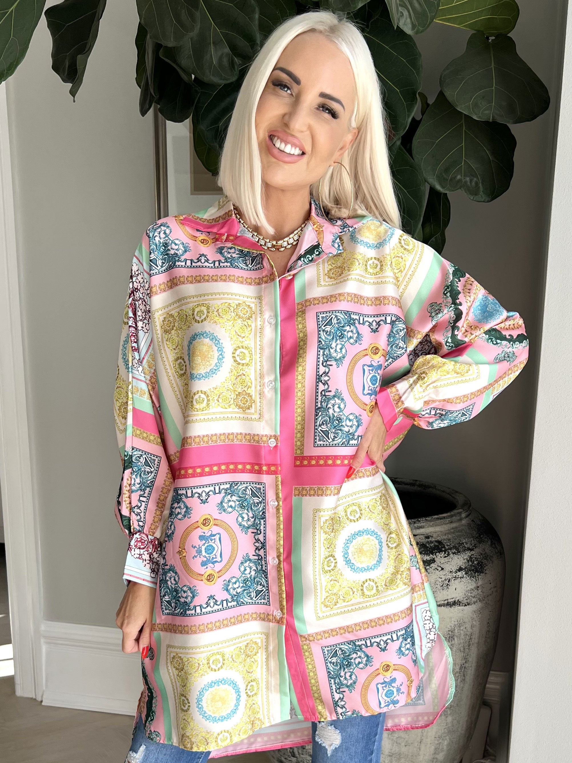 Donna - Farverig mønstret skjorte i silkelook