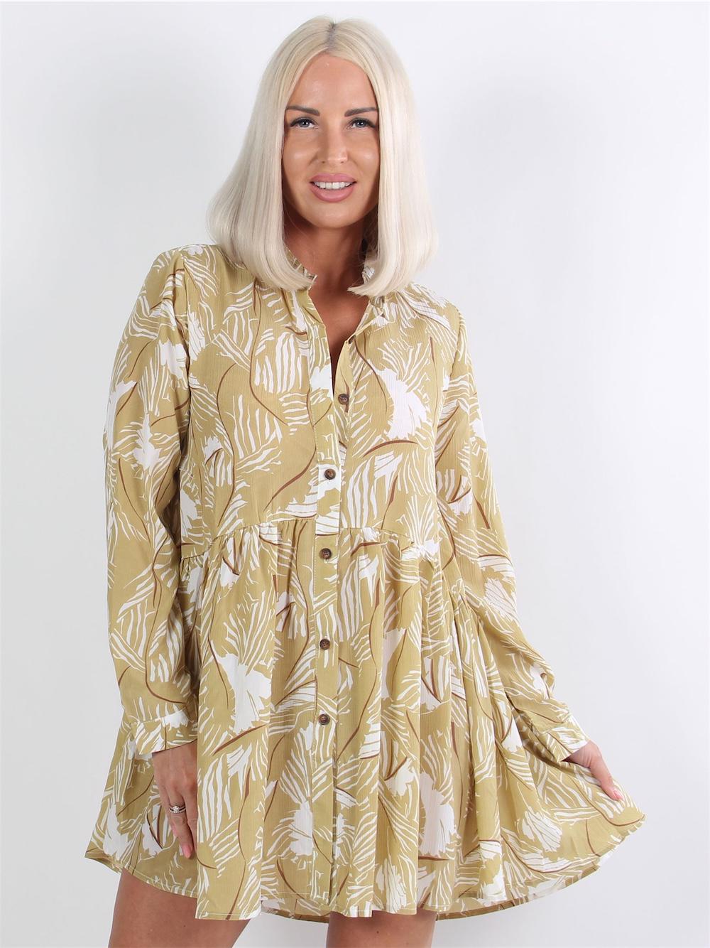 Ema - Armygrøn skjortekjole med hvid palmebladsmønster