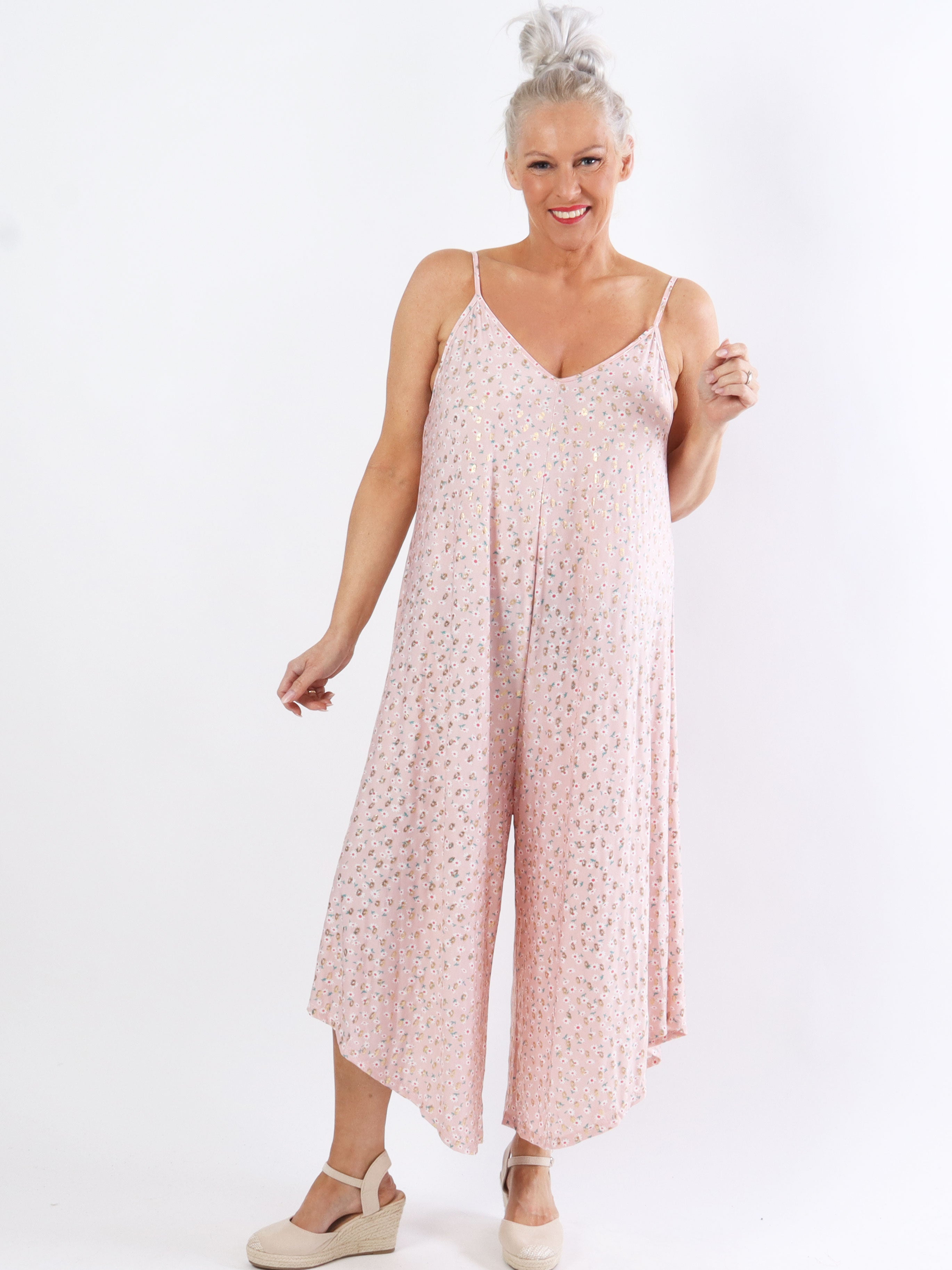 Felicia flower - Plus size buksedragt med vide ben i stretchty stof