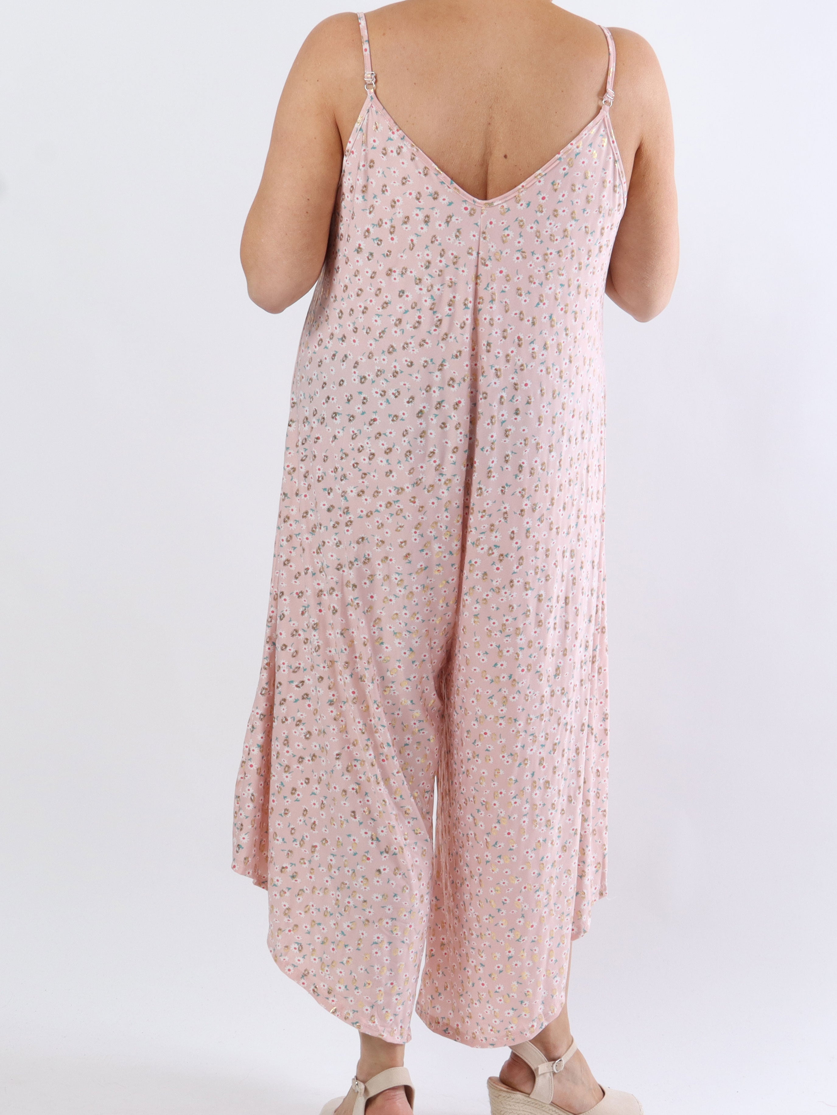 Felicia flower - Plus size buksedragt med vide ben i stretchty stof