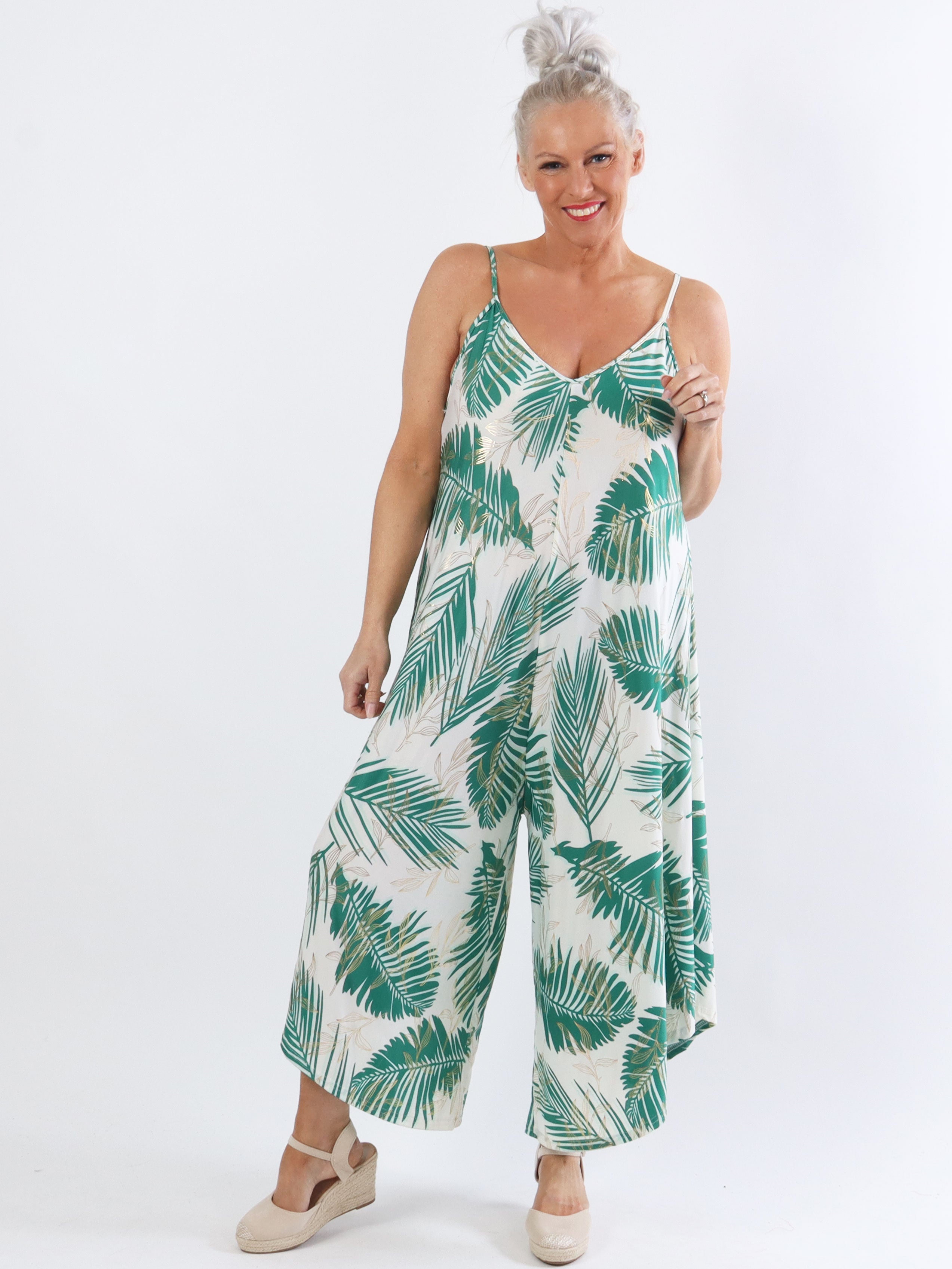 Felicia palm - Plus size buksedragt med vide ben i stretchty stof