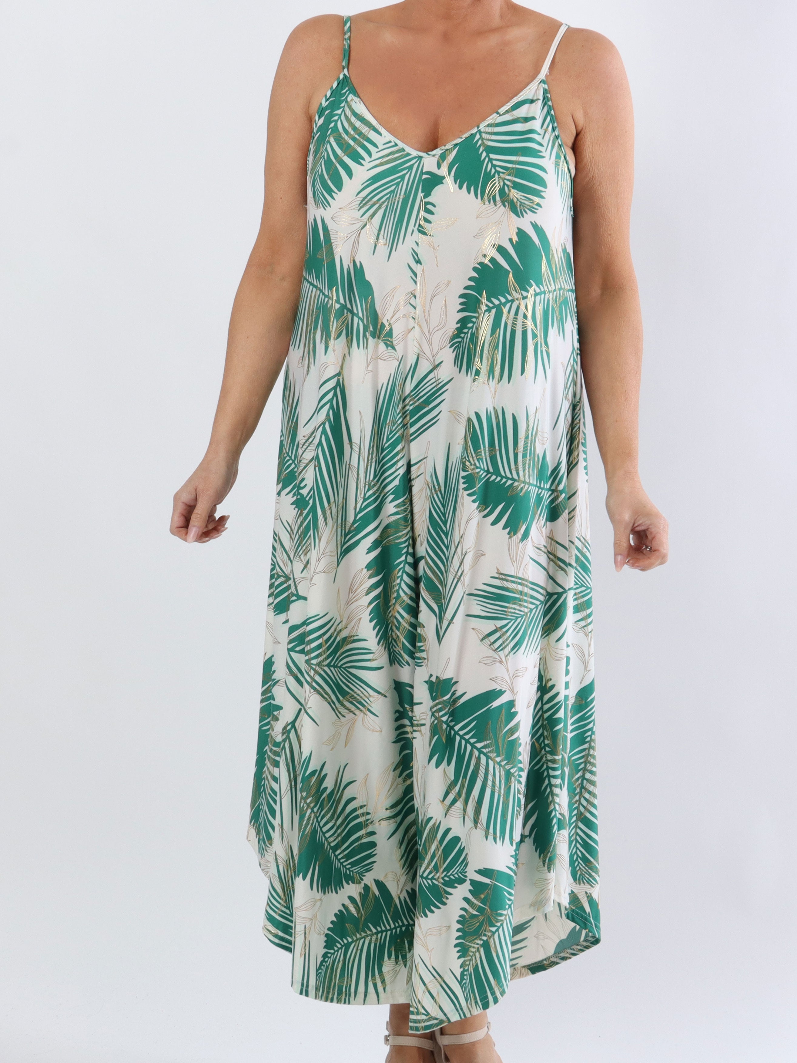 Felicia palm - Plus size buksedragt med vide ben i stretchty stof