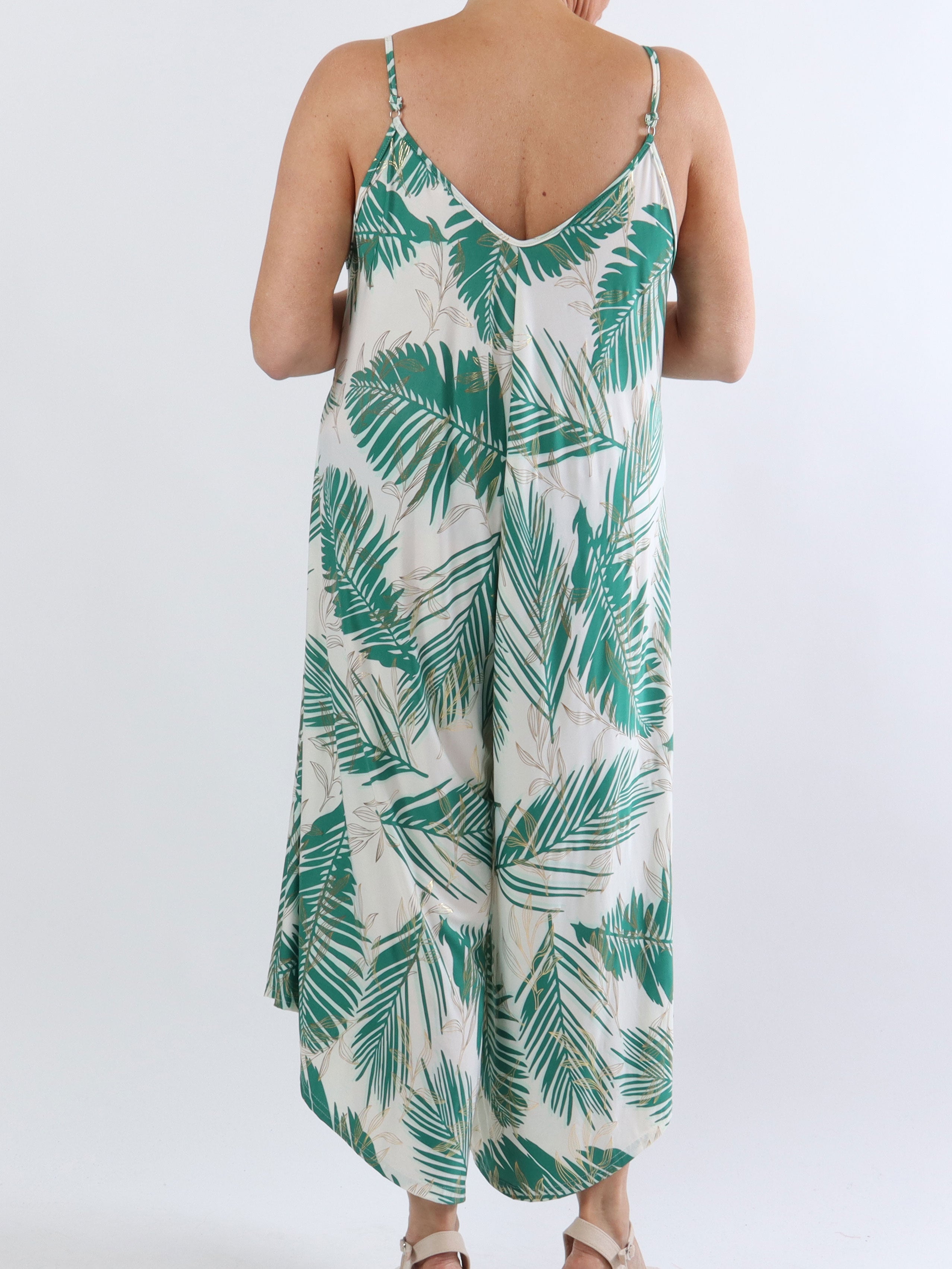 Felicia palm - Plus size buksedragt med vide ben i stretchty stof