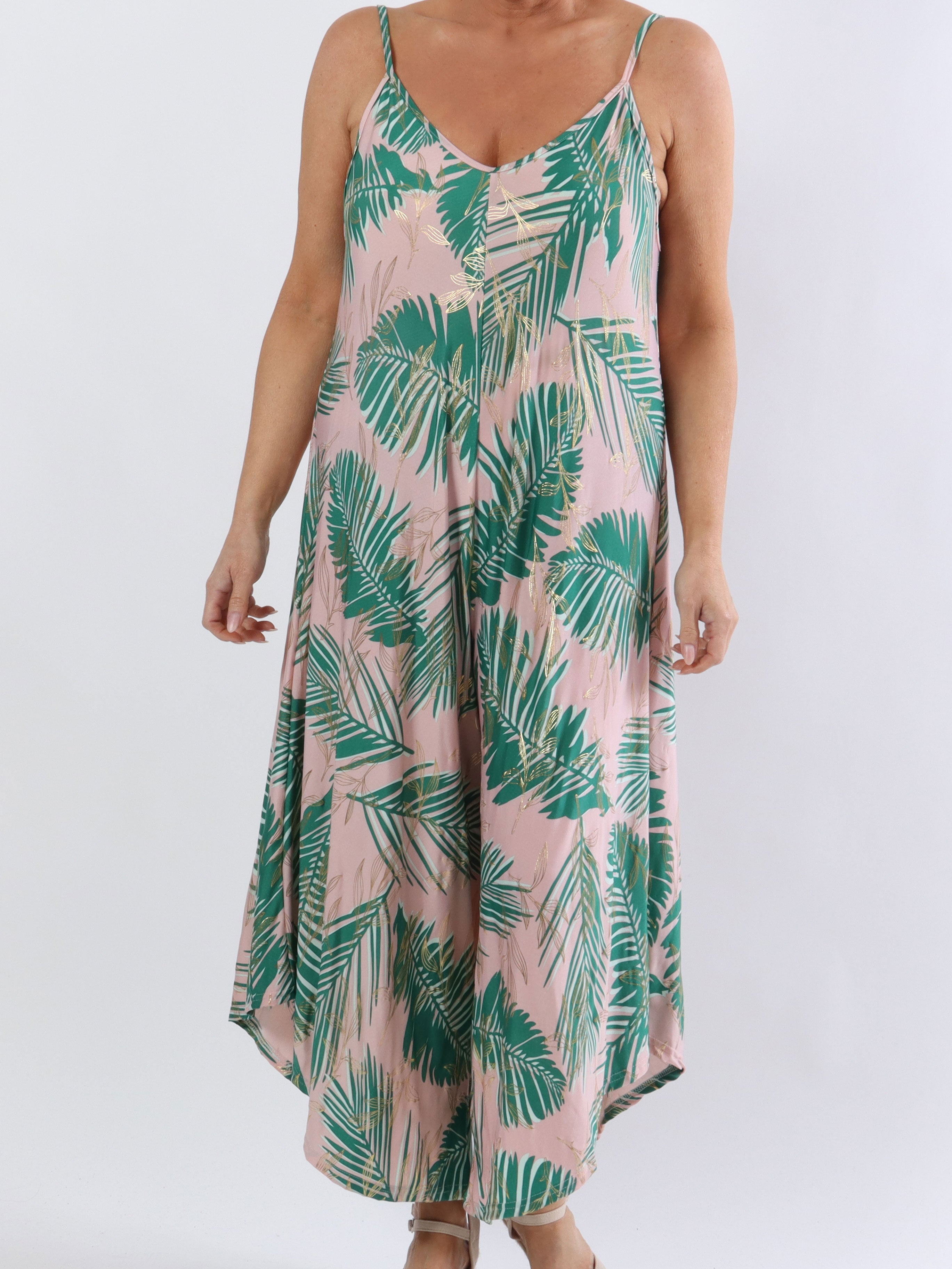 Felicia palm - Plus size buksedragt med vide ben i stretchty stof