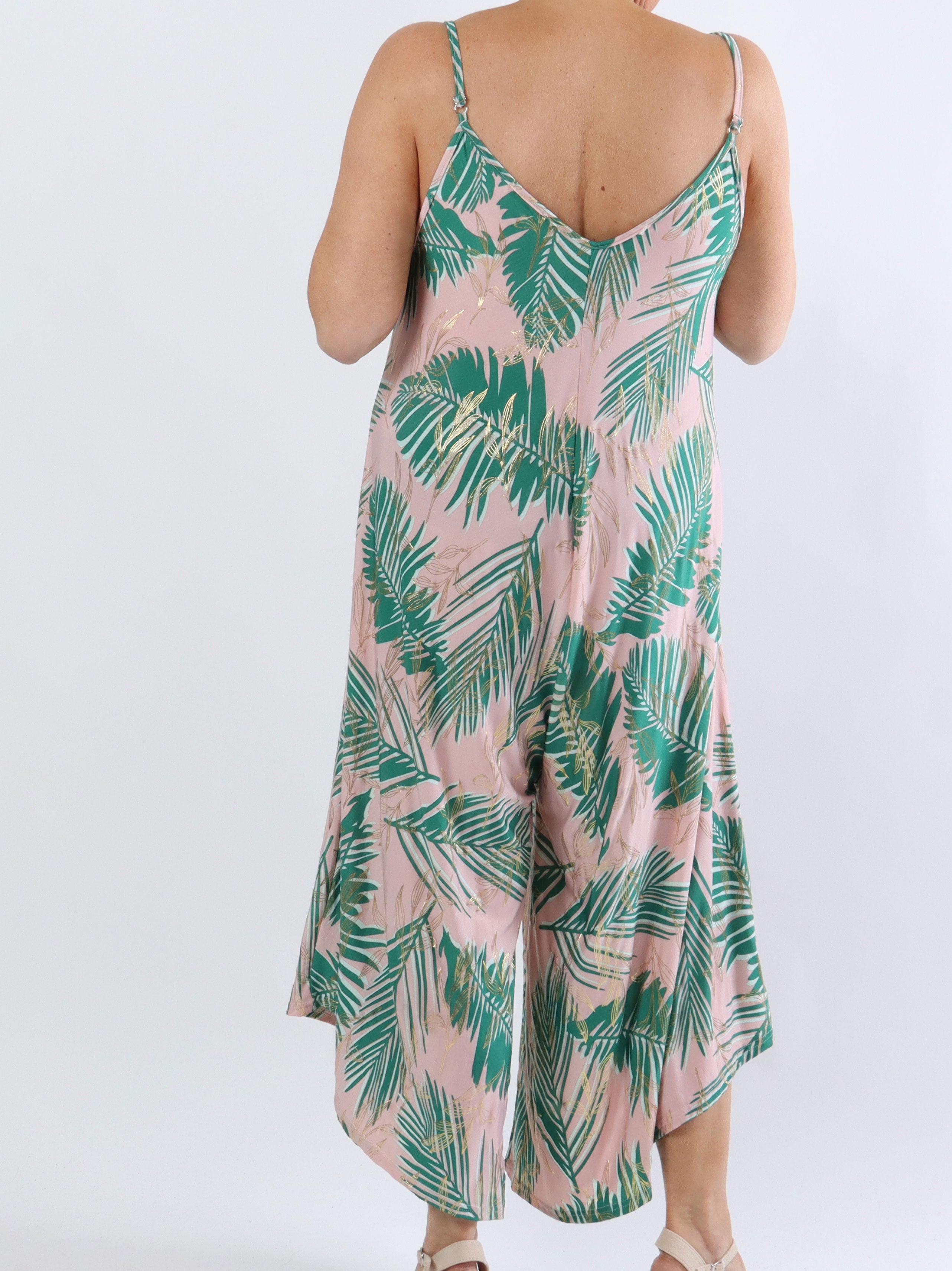 Felicia palm - Plus size buksedragt med vide ben i stretchty stof