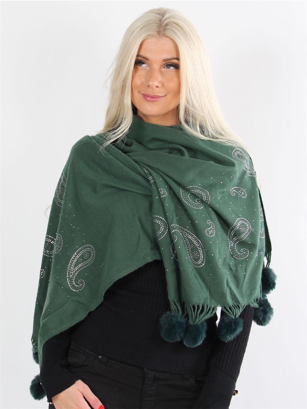 Filucca - Flaskegrønt blødt halstørklæde med faux fur pomponer