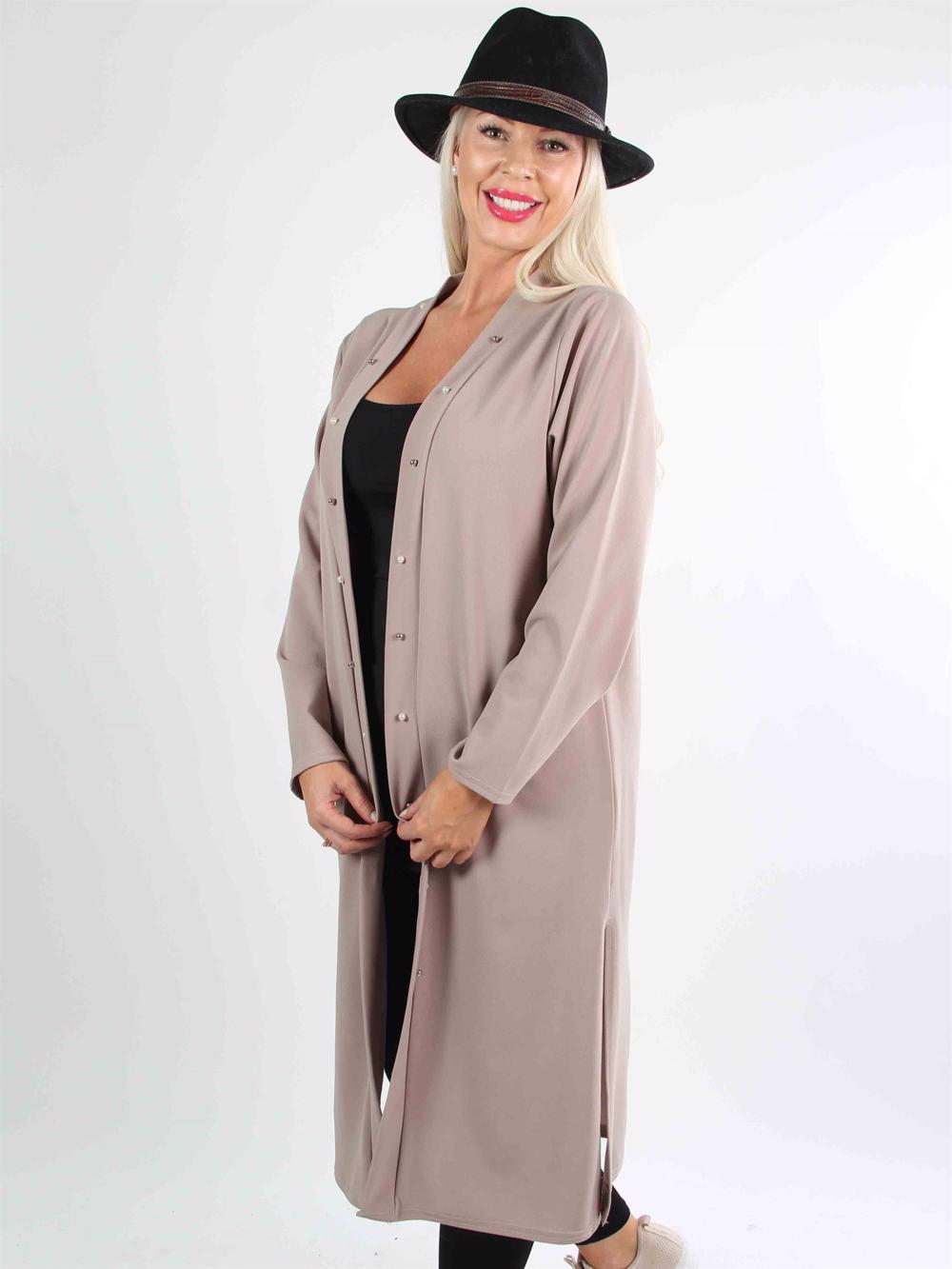 Fina - Sandfarvet lang cardigan med perler