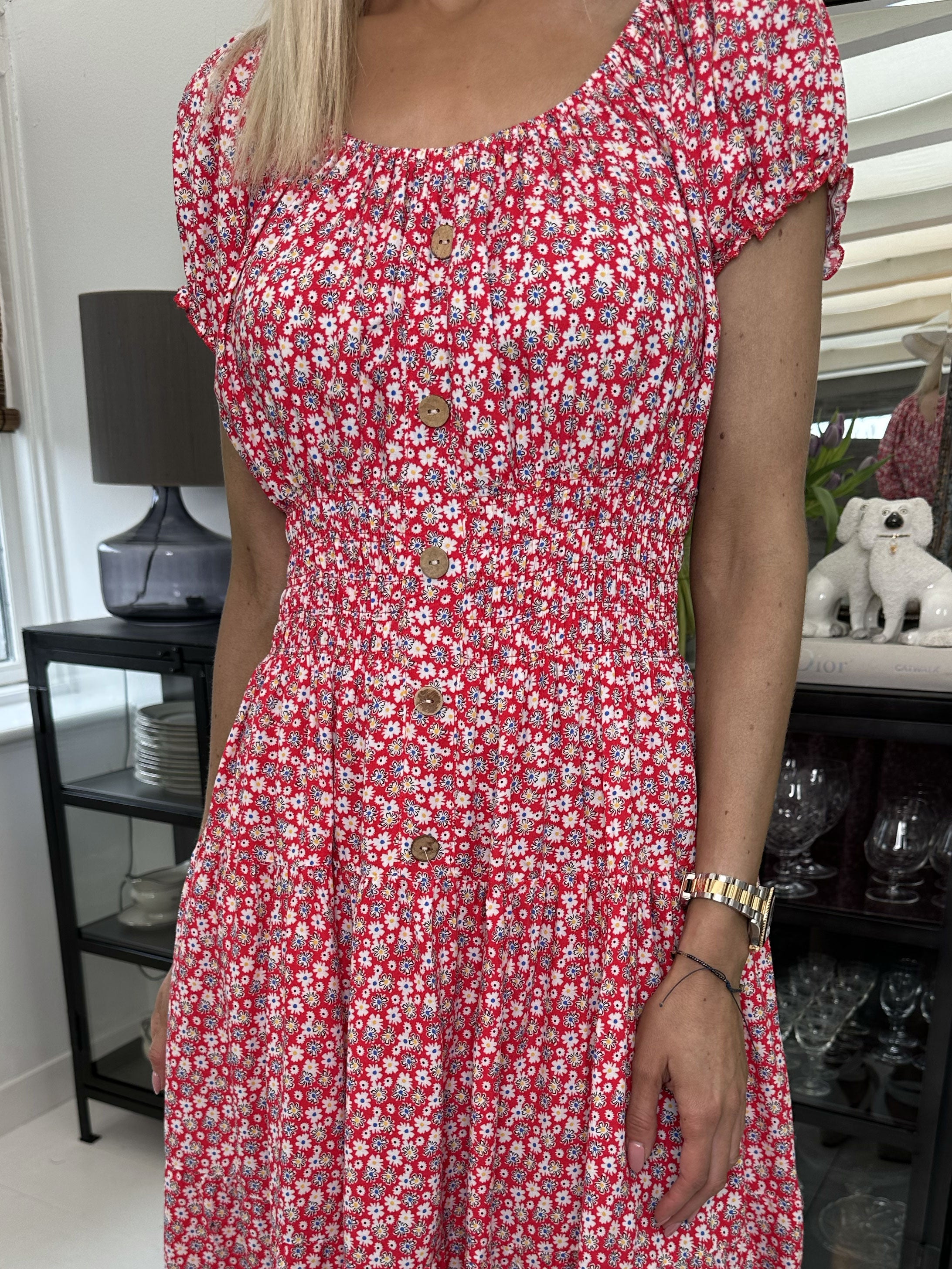 Finalia flower short - Sød småblomstret kjole med pufærmer og elastik i taljen