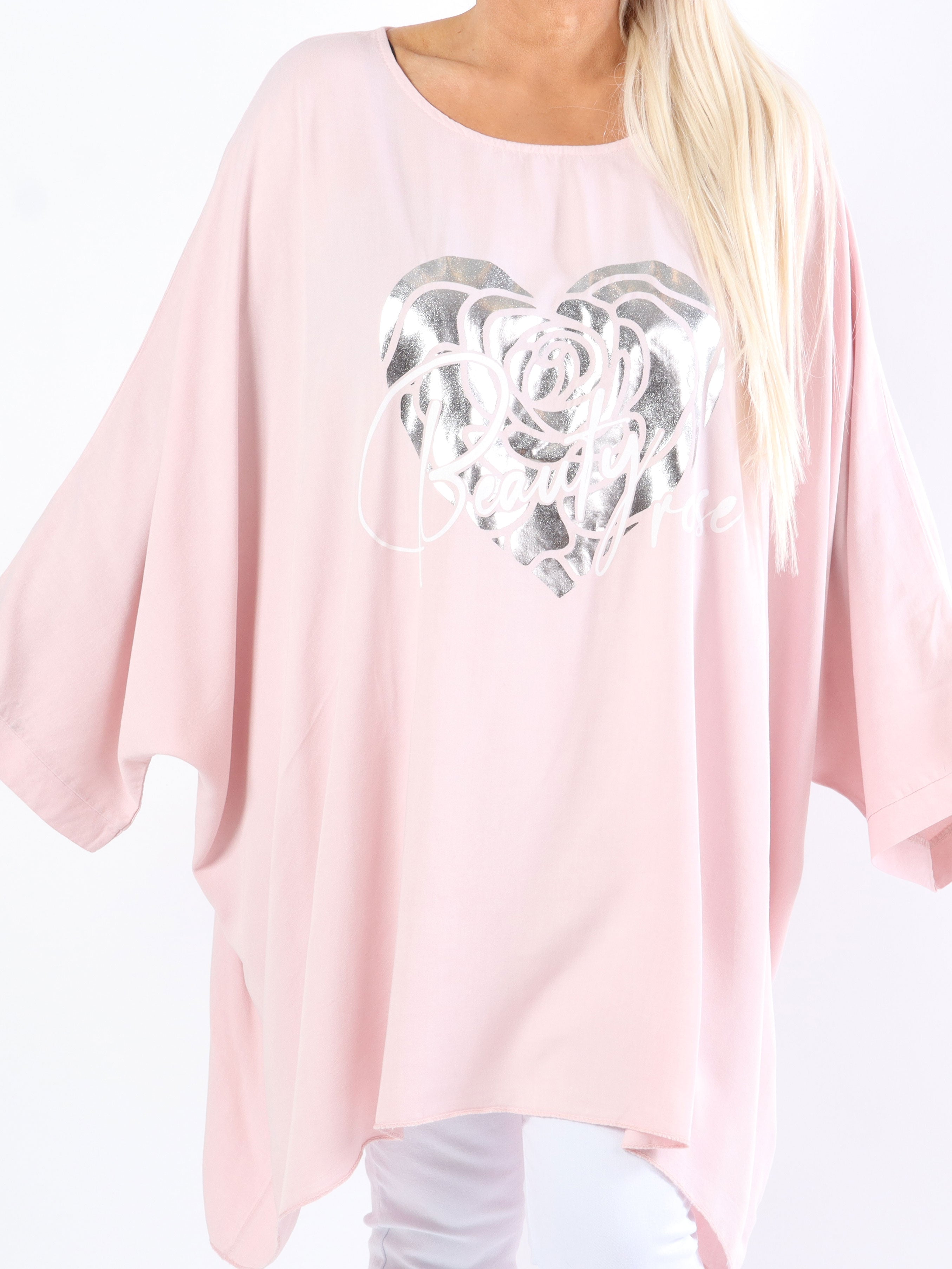 Flavia - Plus size t-shirt med sølv print og flagermusærmer