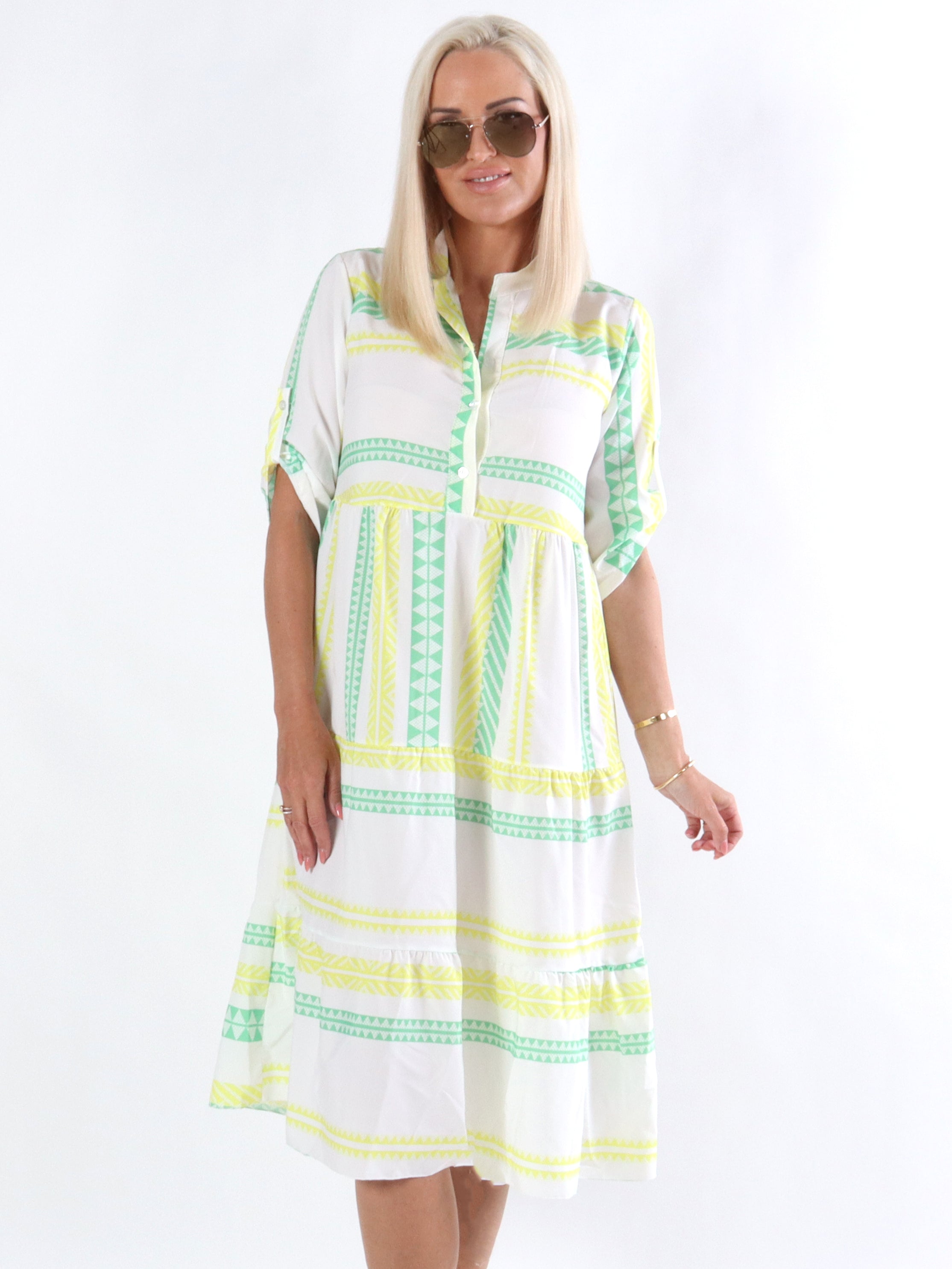 Gabi - Hvid kjole med neonfarvet mønster