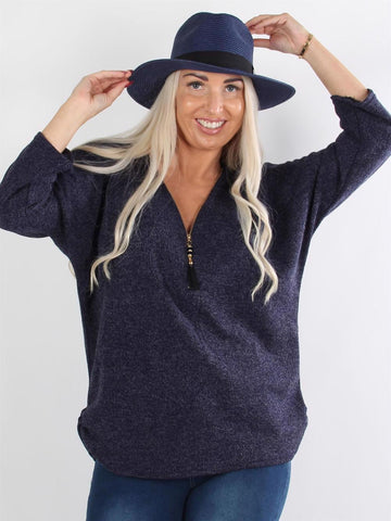 Ganja knit - Sort strikbluse med guld lynlås