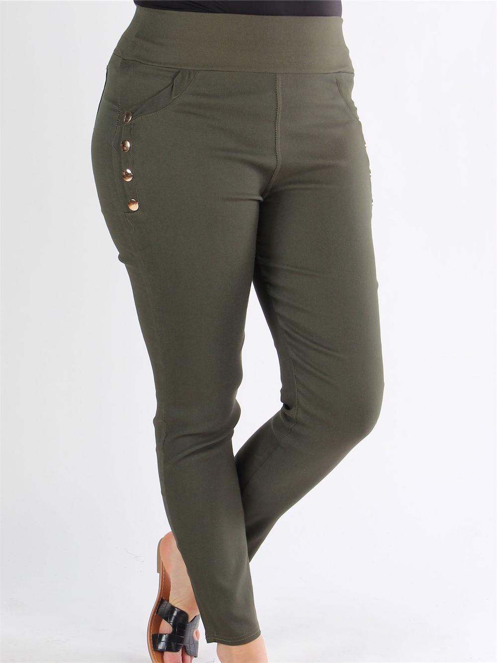 Gravity - Armygrønne jeggings med guld pynteknapper