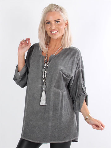 Hamine - Armygrøn skjorte med lomme og glimmertråde