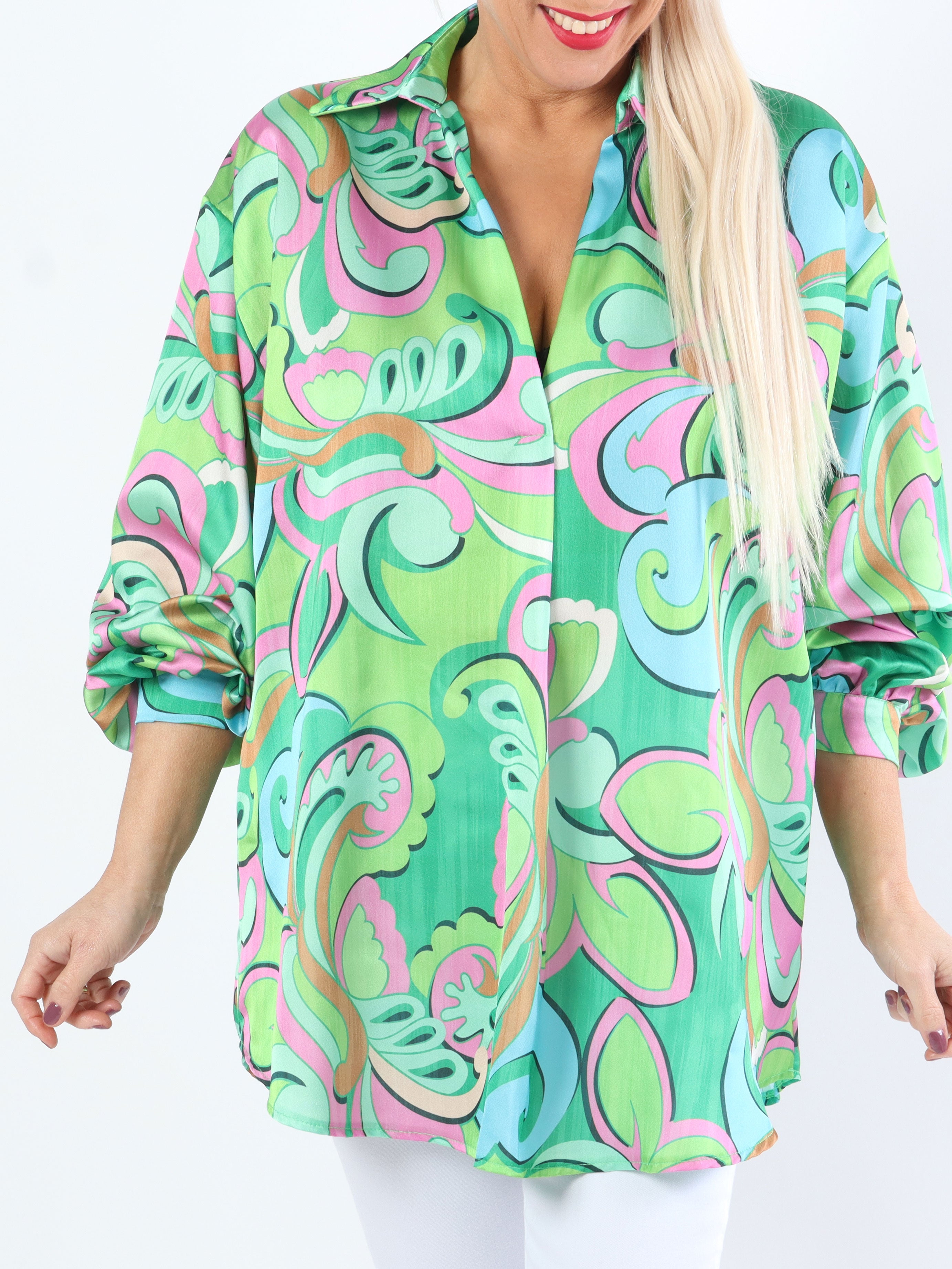 Happy - Flerfarvet plus size skjorte i silkelook