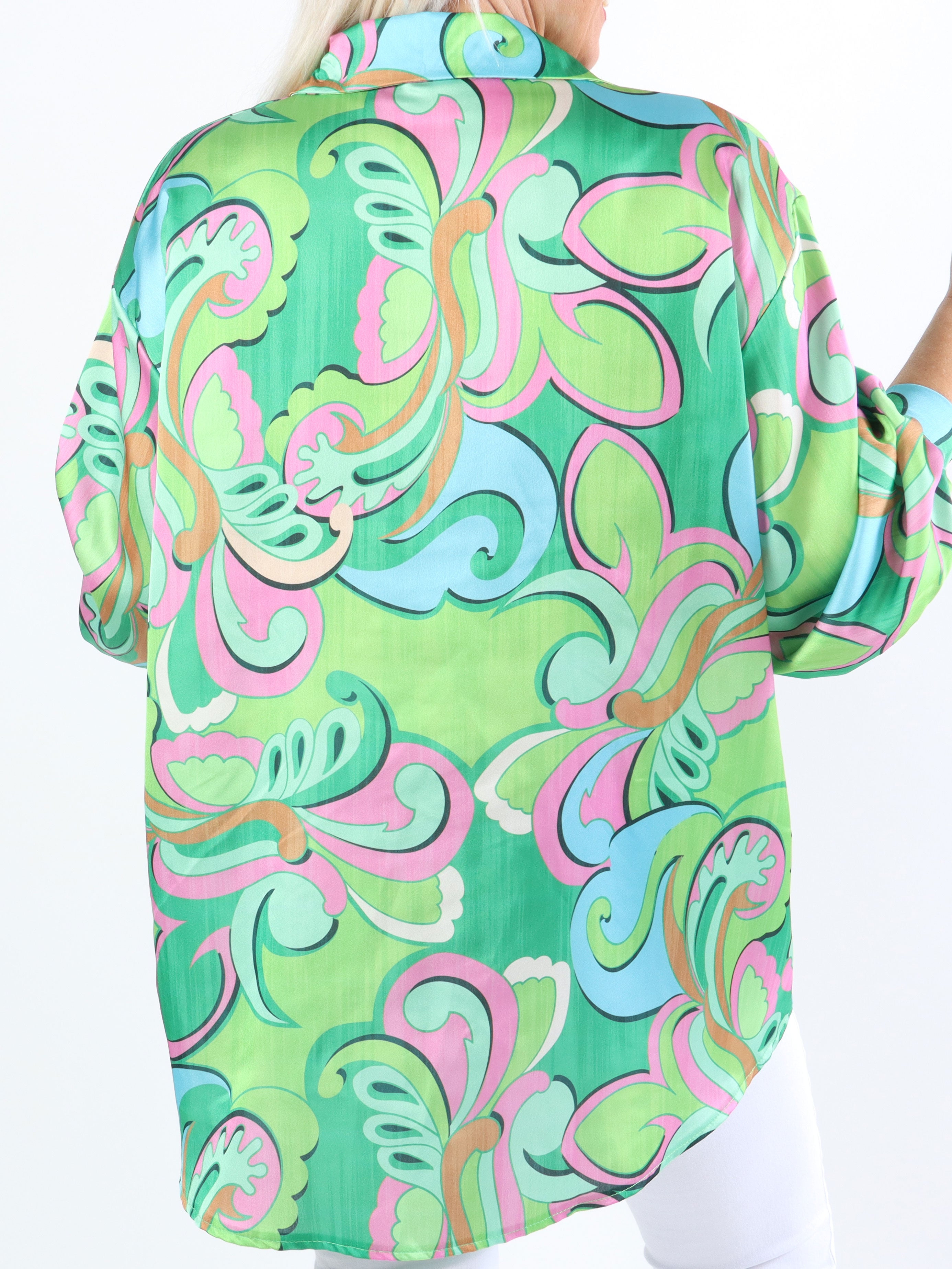 Happy - Flerfarvet plus size skjorte i silkelook