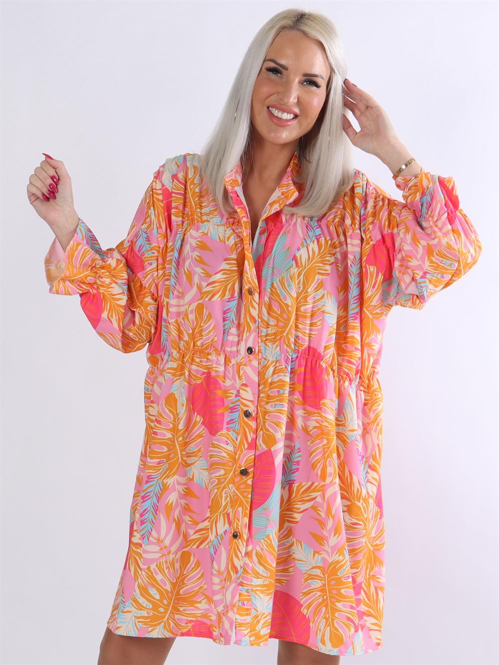 Monica Leaf - Bladmønstret tunikakjole med flæser