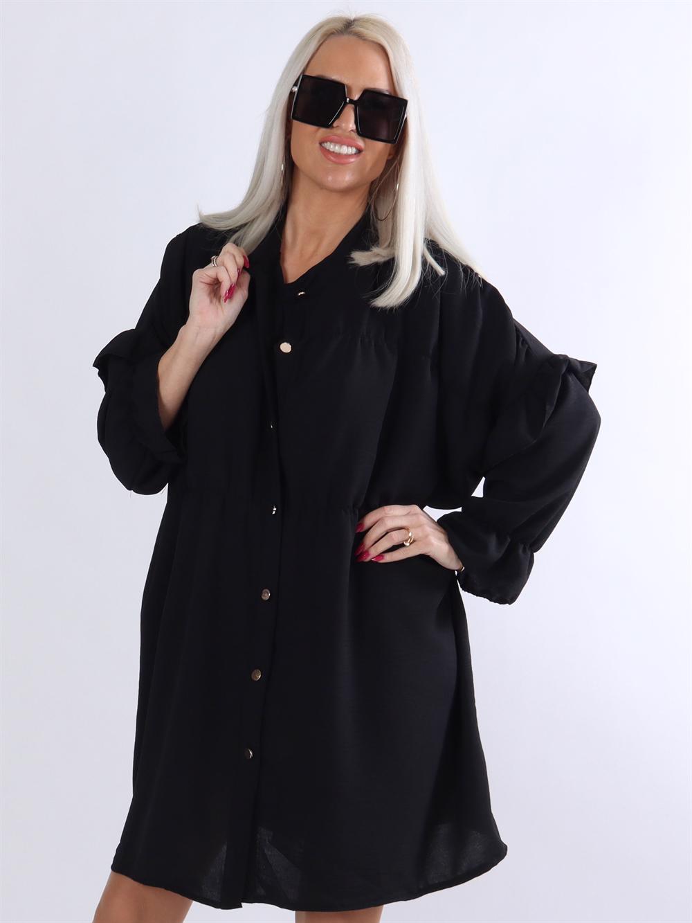 Monica Plain - Tunikakjole med flæser og guldknapper