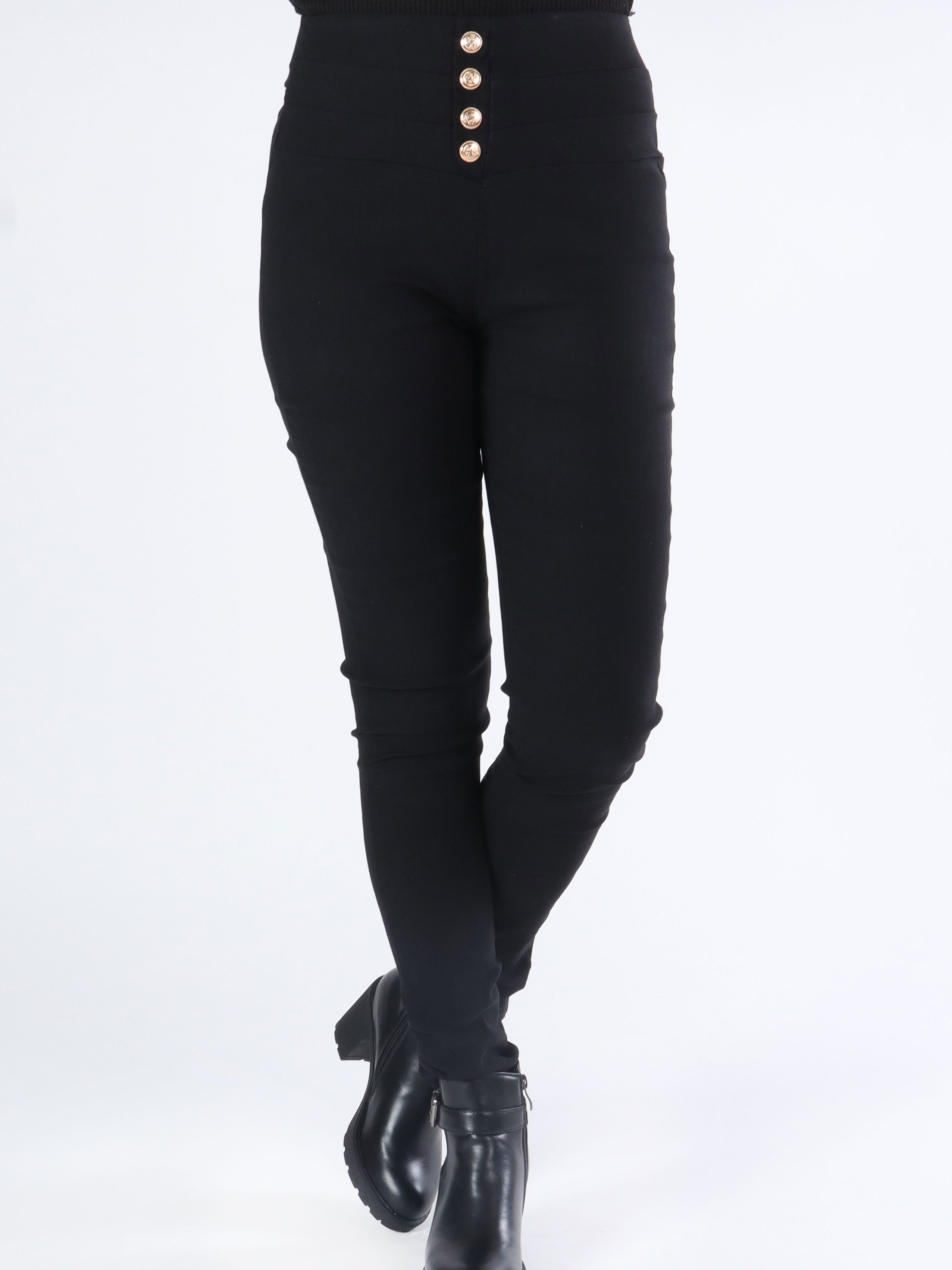 Najat - Sorte leggings i jeans look med guld knapper foran