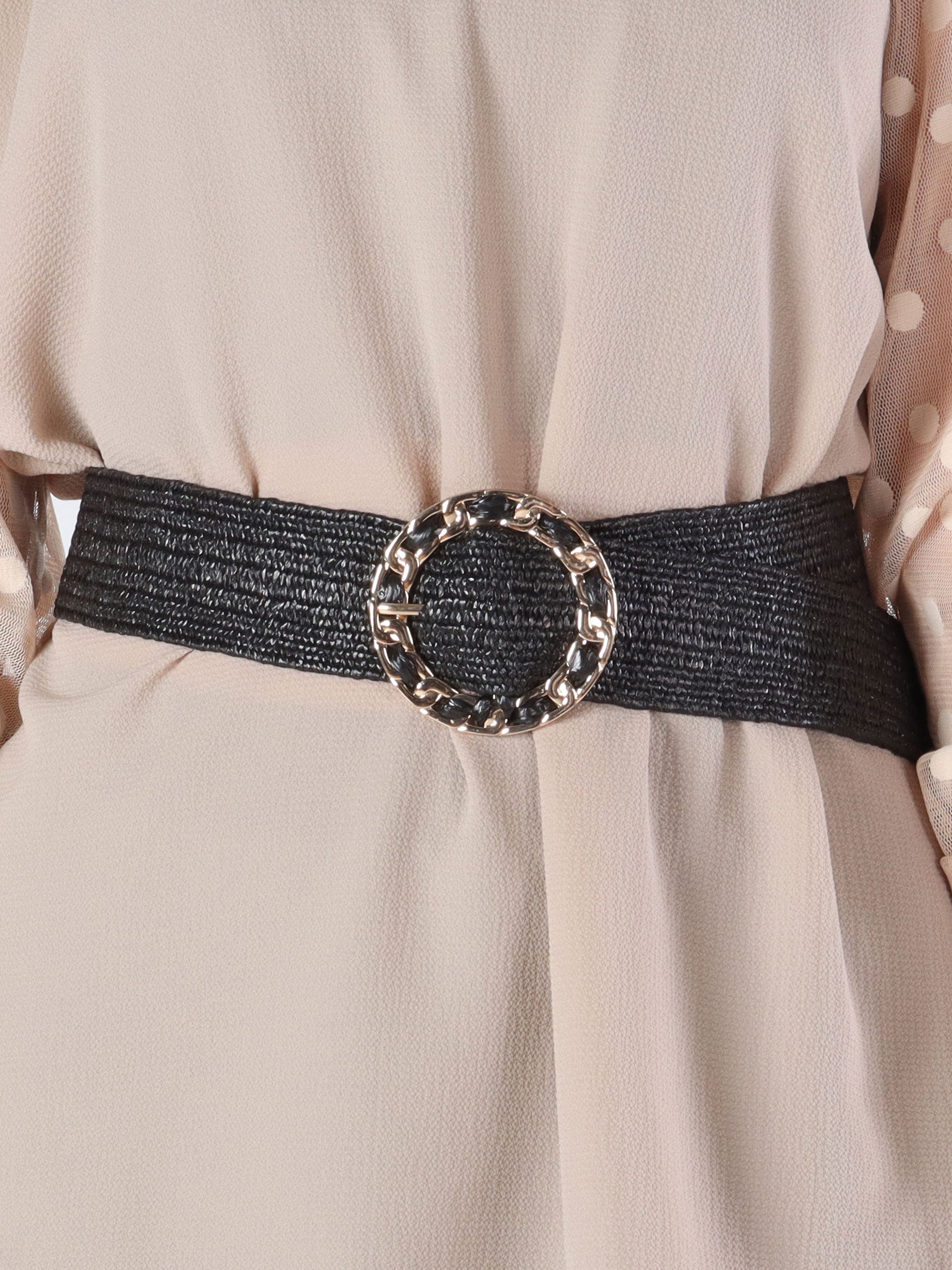 Lamis - Beigefarvet bælte med elastik og stort guld spænde