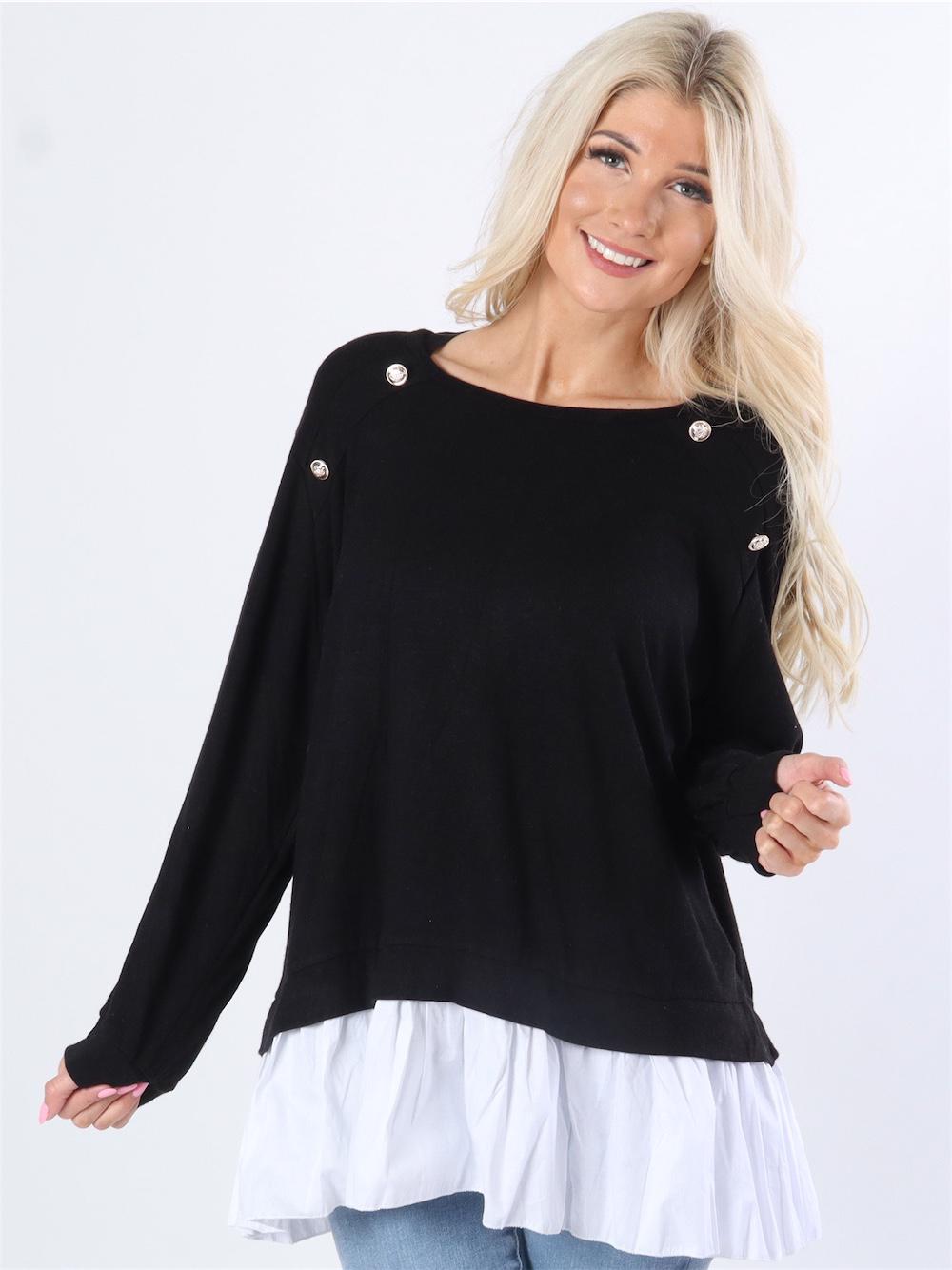 Maryan - Sort strikbluse med knapper og skjorte detalje