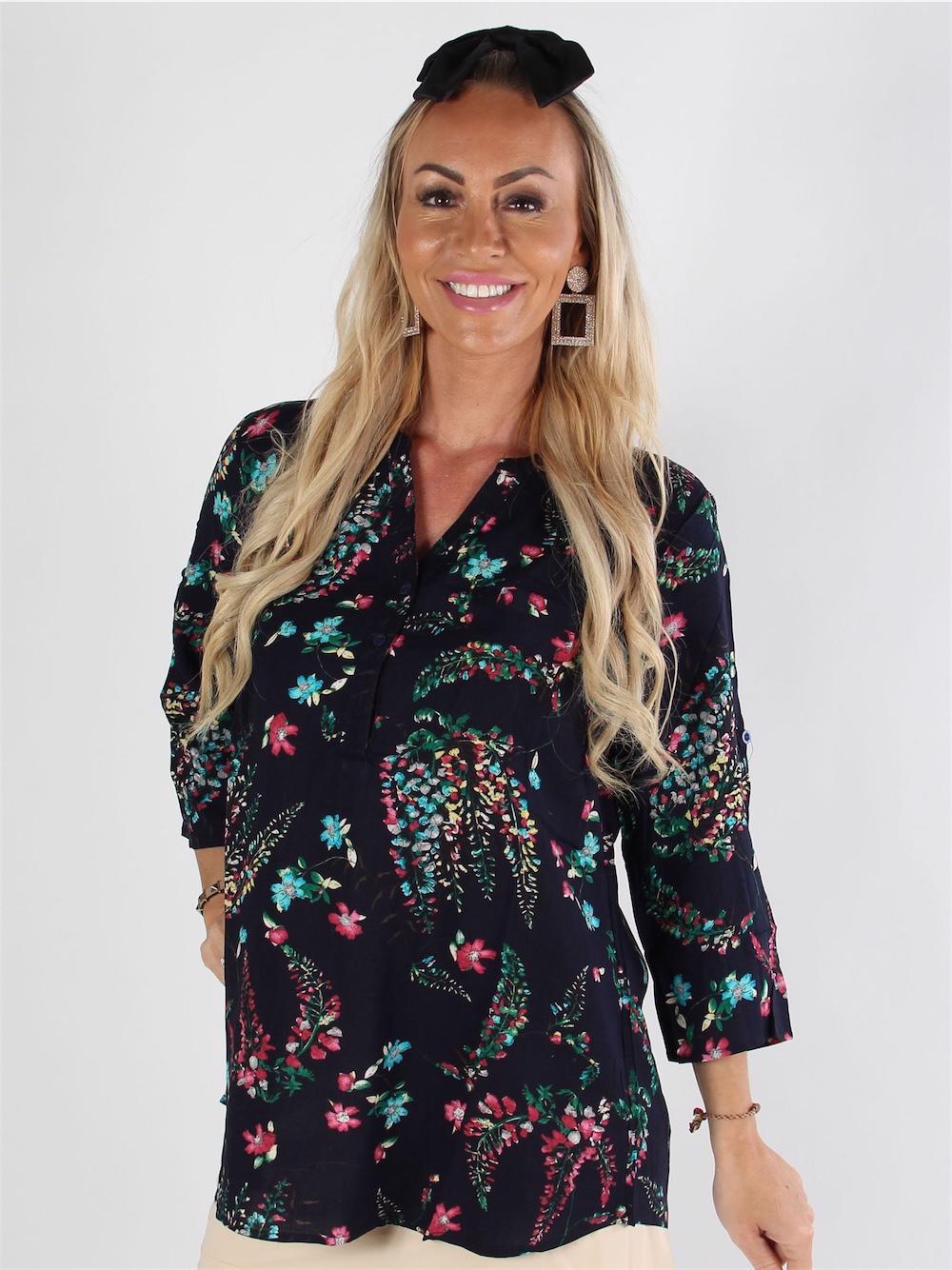 Helena - Marineblå skjorte med flerfarvet blomster