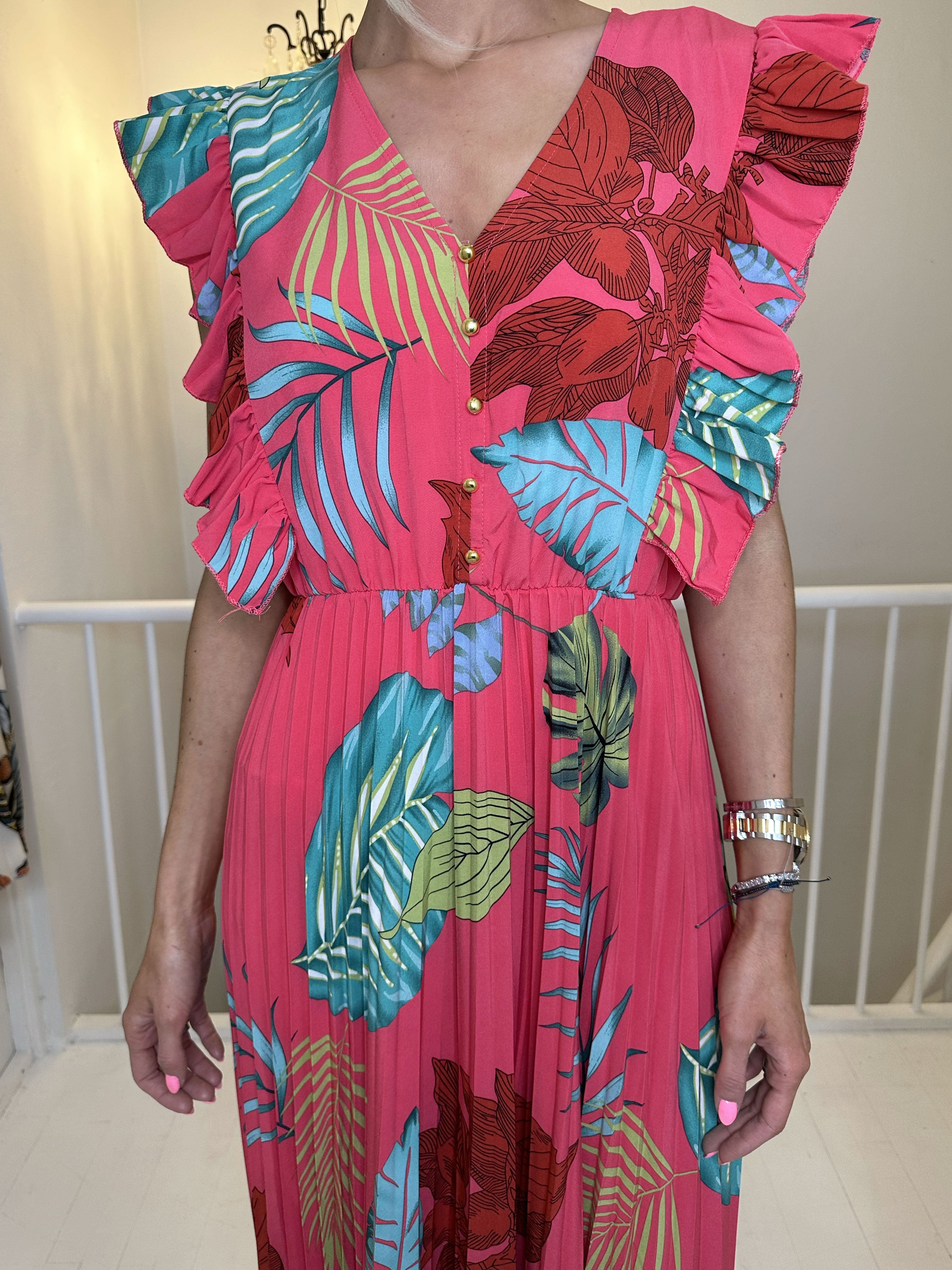 Lullu Leaf - Lang kjole med flæser og plisseret skørt