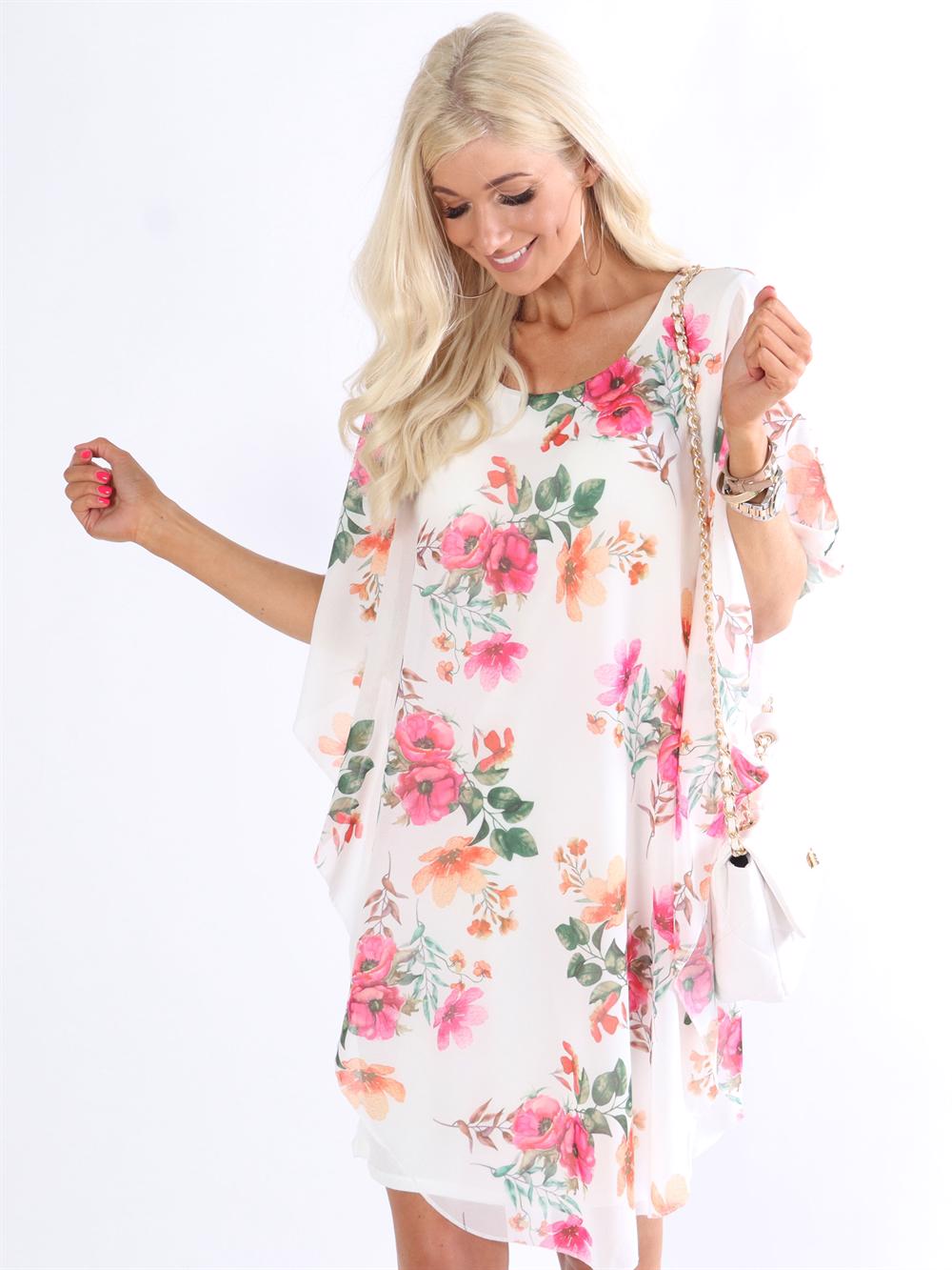 Kenya Flower - Tunikakjole med chiffonlag i blomsterprint