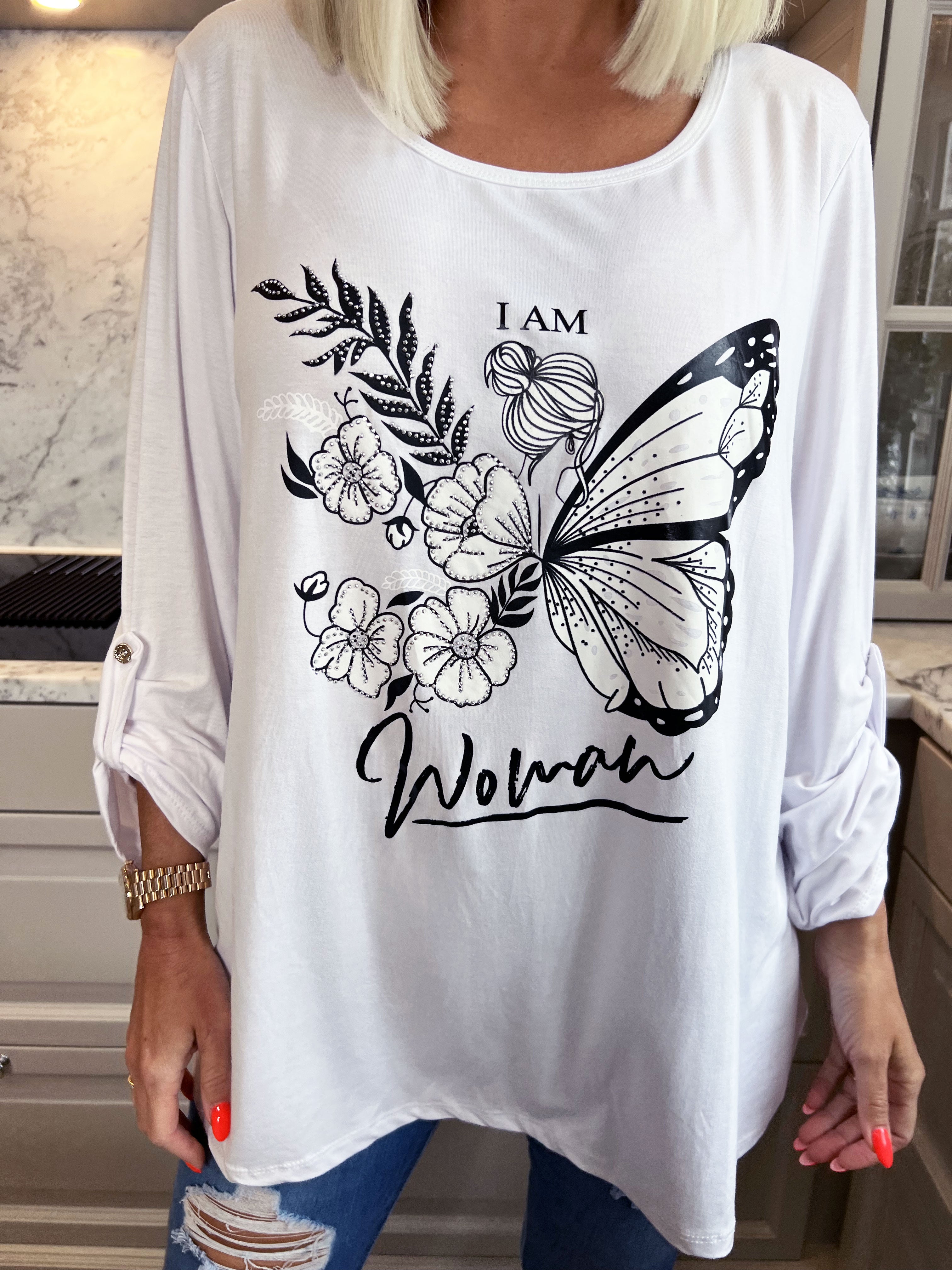 Sisse - Blød elastisk bluse med motiv og similisten