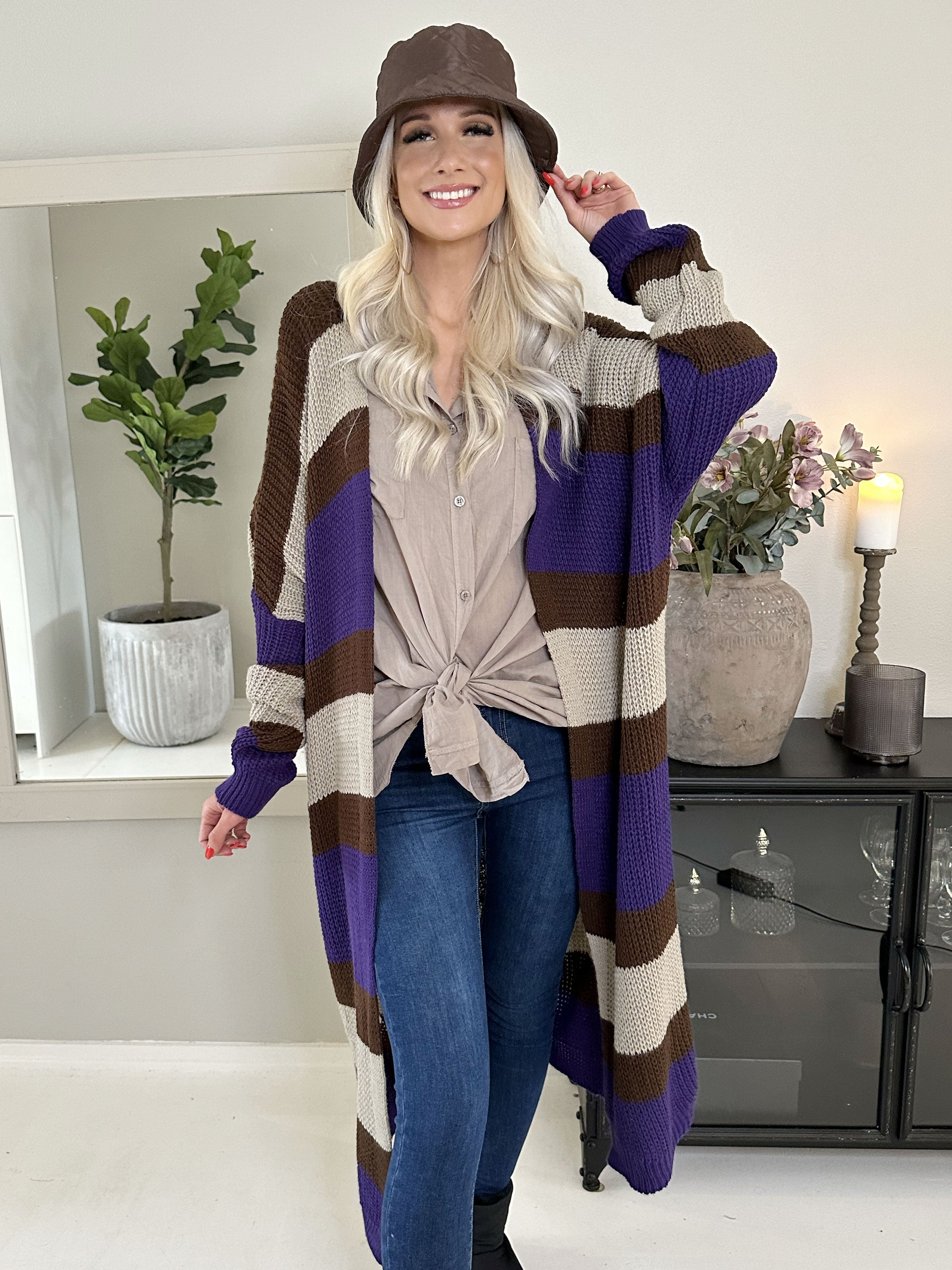 Fekla - Lang strikcardigan med flerfarvet striber