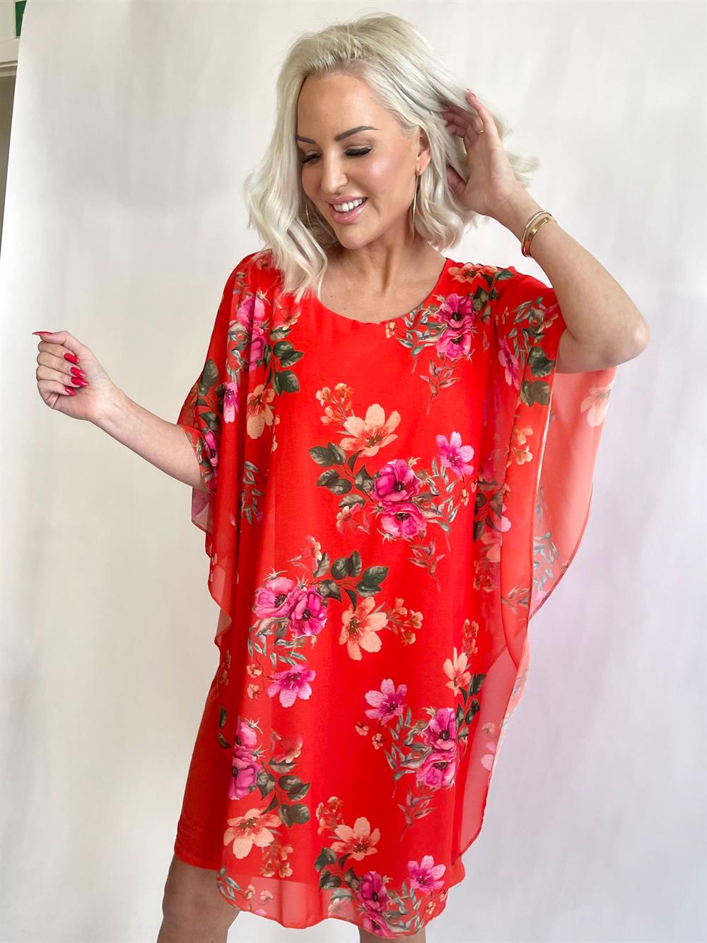 Kenya Flower - Tunikakjole med chiffonlag i blomsterprint