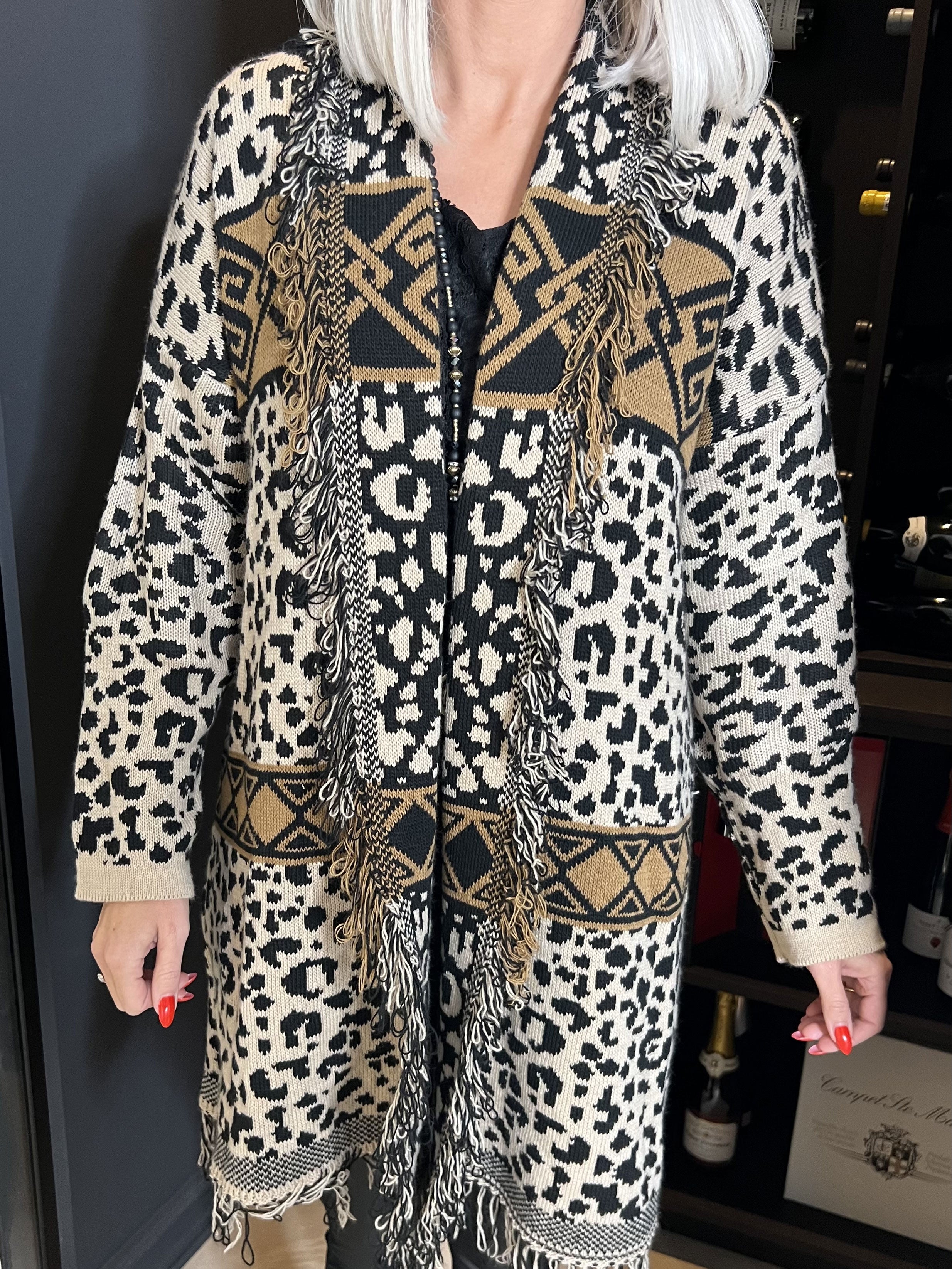 Hadia - Tyk strikcardigan med leopardmønster